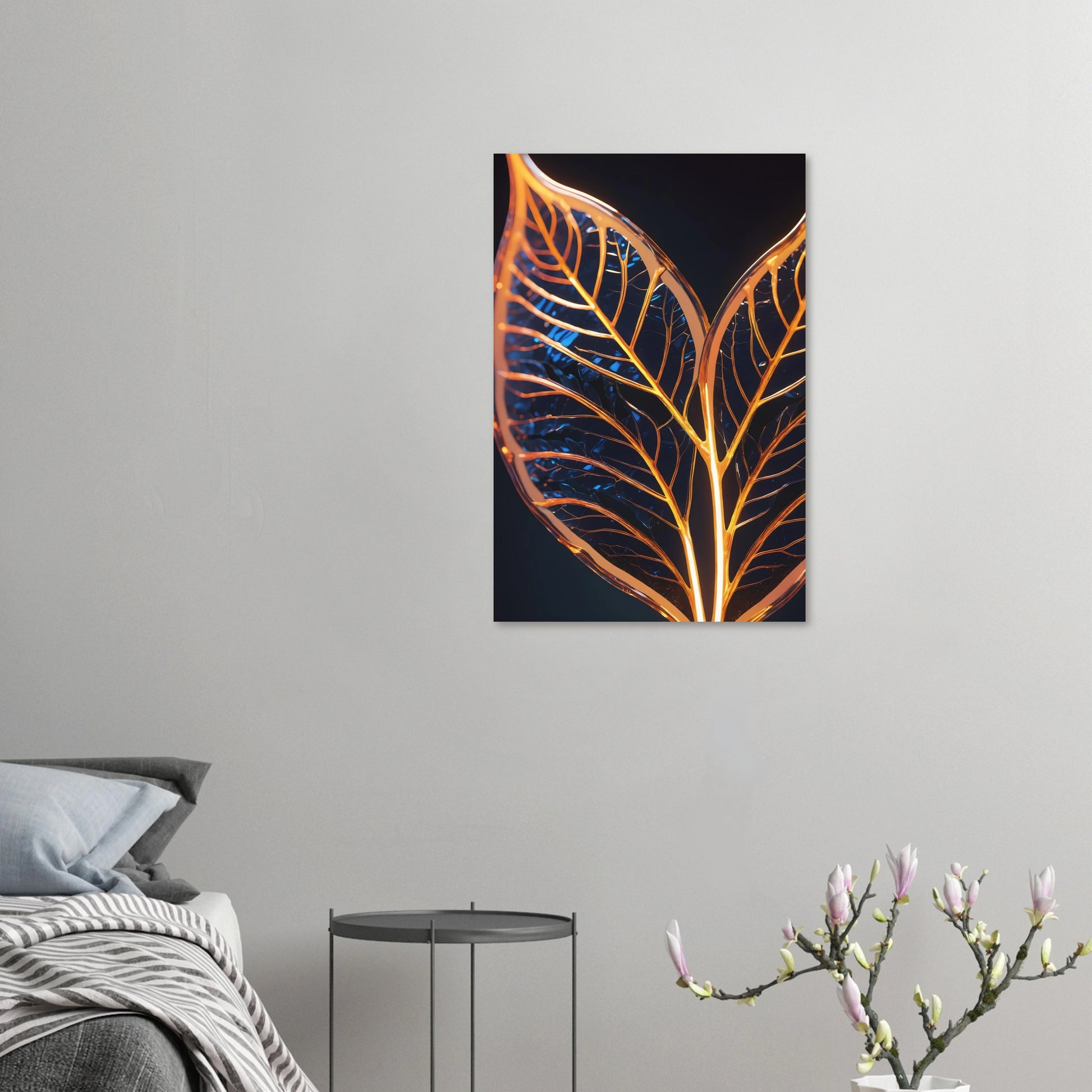 Modernes Wandbild mit zwei goldenen, gläsernen Blättern in Makroaufnahme auf dunklem Hintergrund, Format 50x75 cm. Dibond