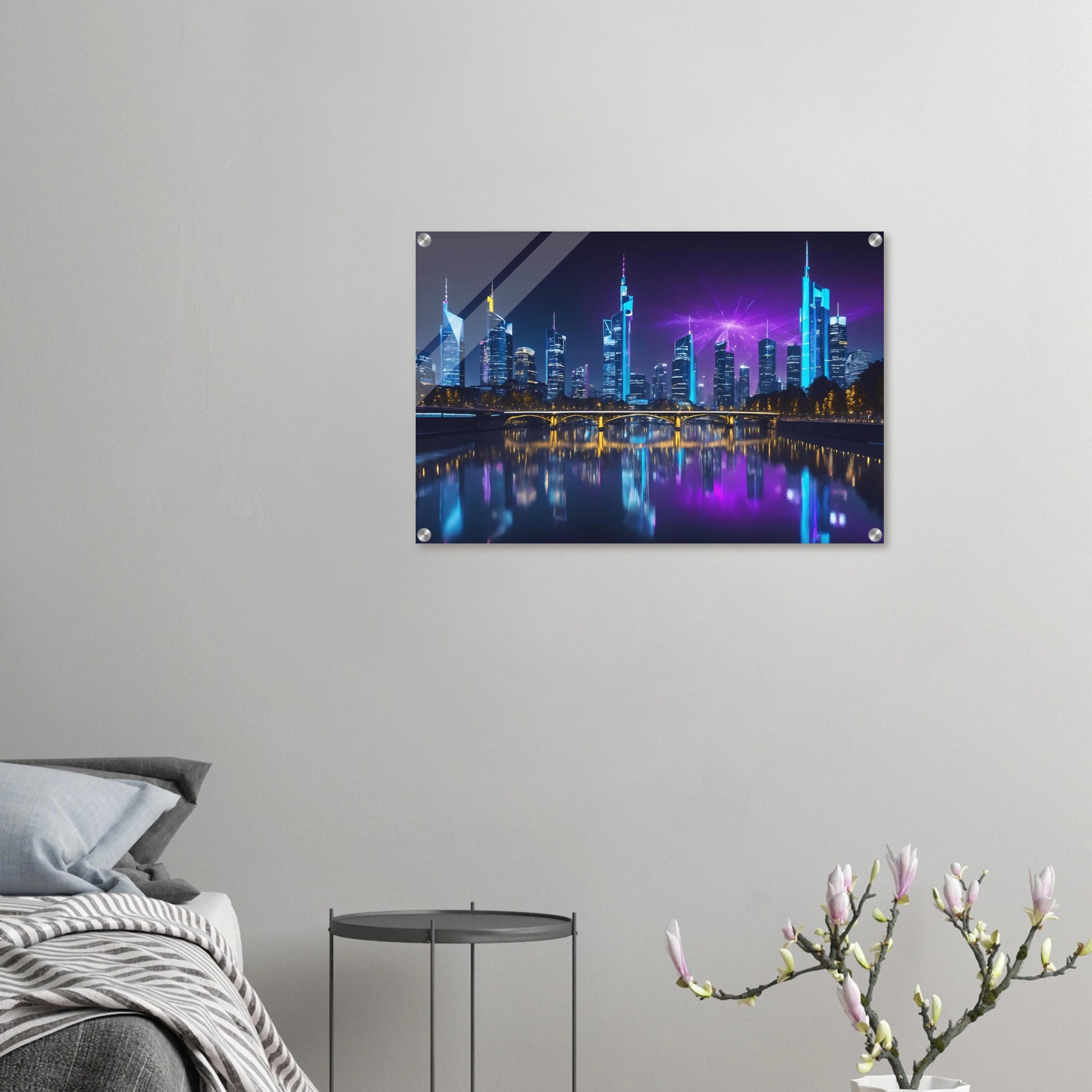 Modernes Wandbild der Frankfurter Skyline bei Nacht mit beleuchteten Wolkenkratzern und violetten Lichteffekten am Himmel. 50x75 cm. Acryl