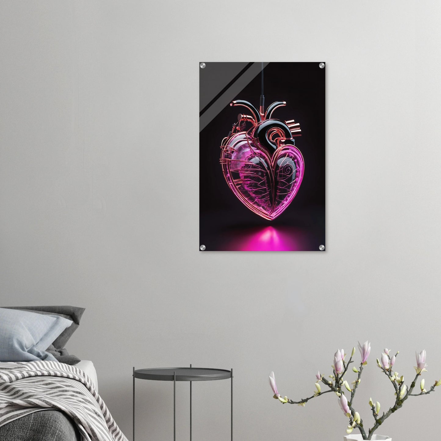 Digitales Kunstwerk eines anatomischen Herzens mit leuchtend pinken Neon-Strukturen und glänzenden schwarzen Oberflächen auf dunklem Grund. 50x75 cm. Acryl