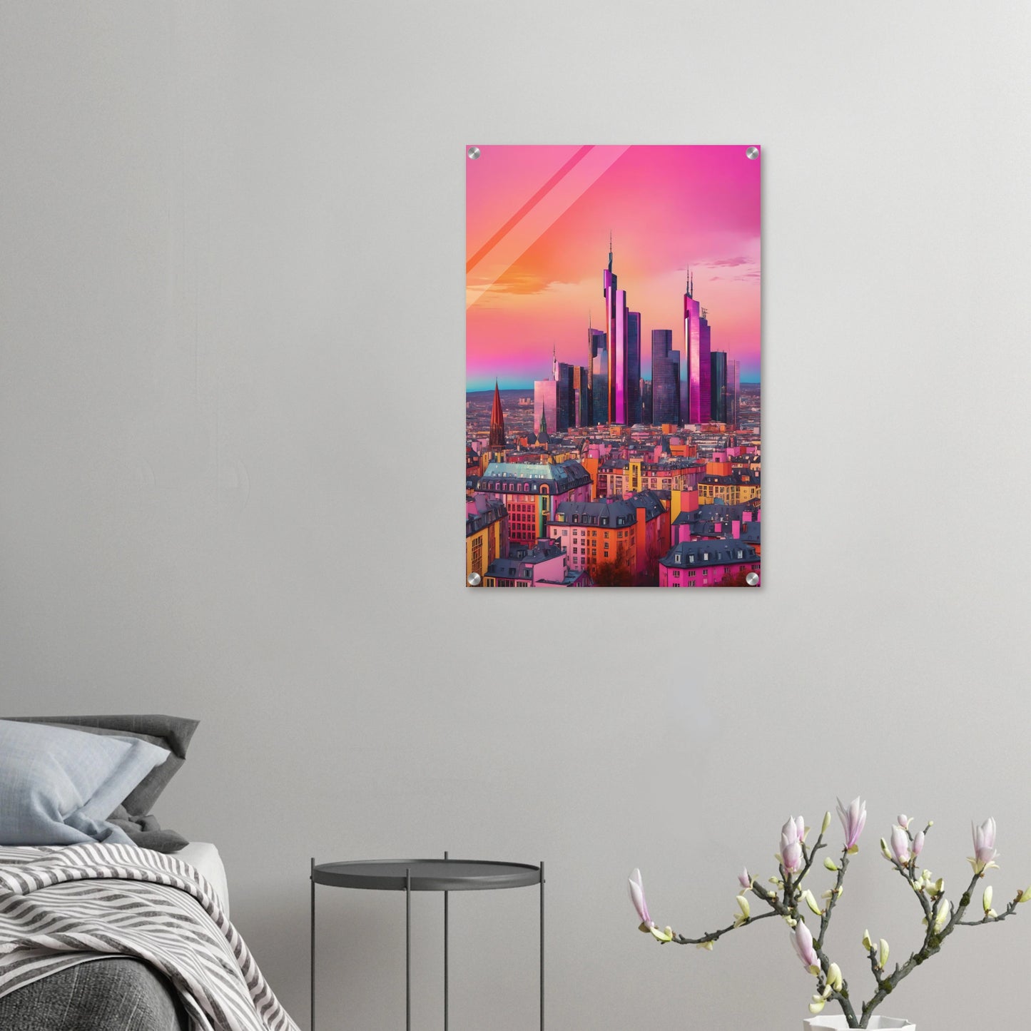 Buntes Wandbild der Frankfurter Skyline in intensiven Pink- und Violetttönen im modernen Pop-Art-Illustrationsstil. 50x75 cm. Acryl