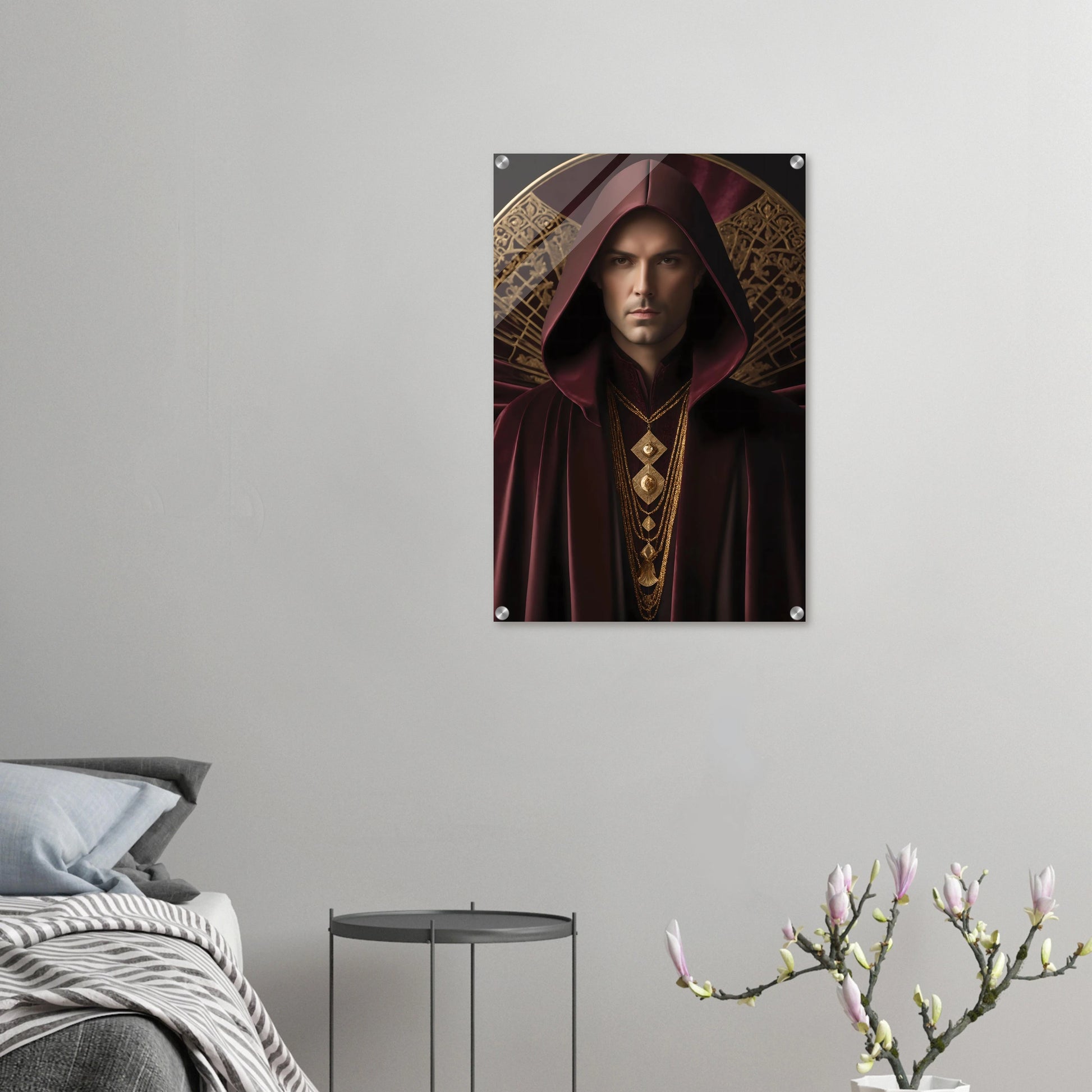 Digitales Kunstwerk einer männlichen Gestalt mit purpurner Kapuze, goldenen Ketten und kunstvollem Hintergrund. 50x75 cm. Acryl