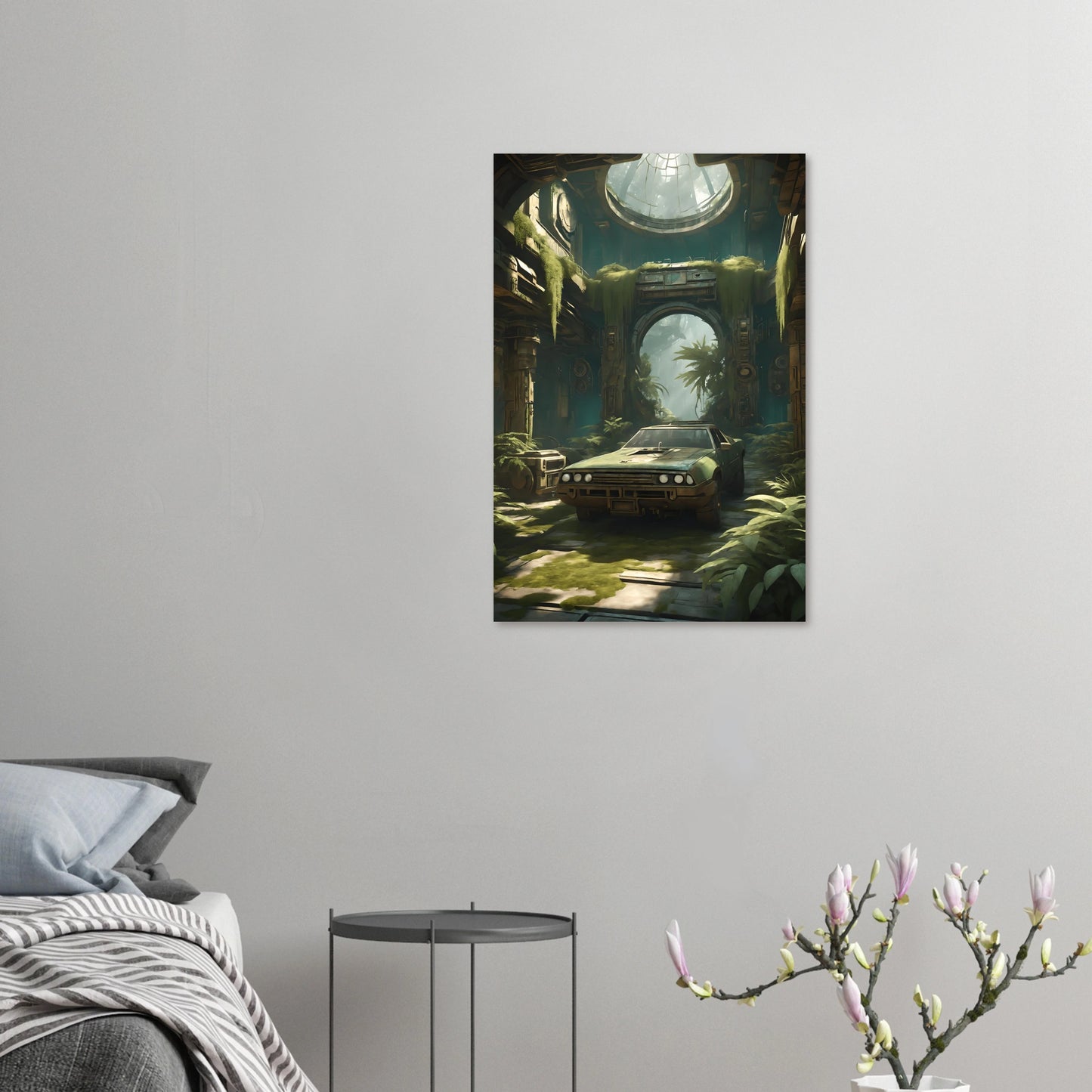 Digitales Kunstwerk eines alten, grünen Autos in einer großen, von Pflanzen und Moos bewachsenen Tempel-Ruine mit Lichteinfall von oben. 50x75 cm. Dibond