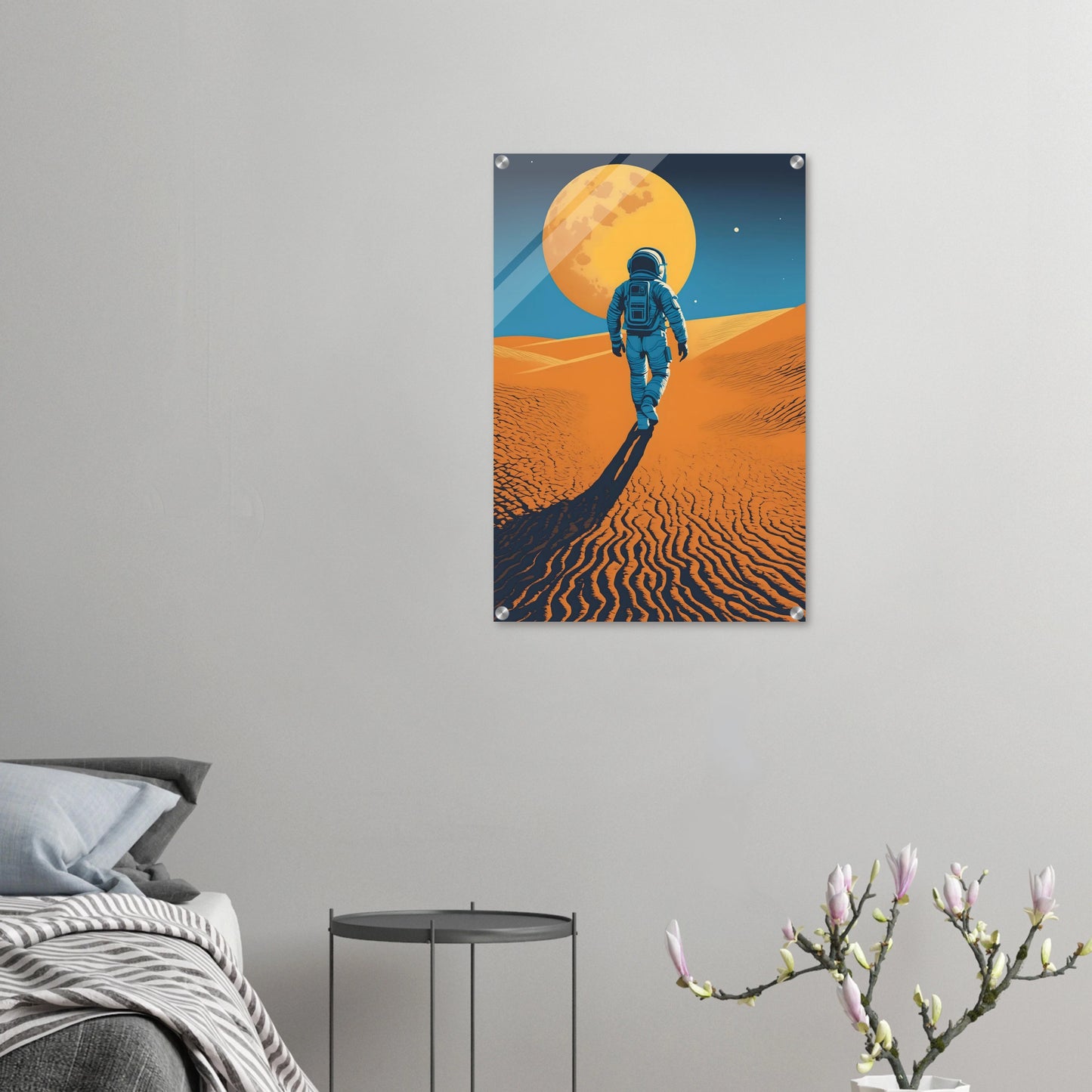 Illustration eines Astronauten, der bei Nacht durch eine orangefarbene Wüstenlandschaft unter einem großen Vollmond wandert. 50x75 cm. Acryl