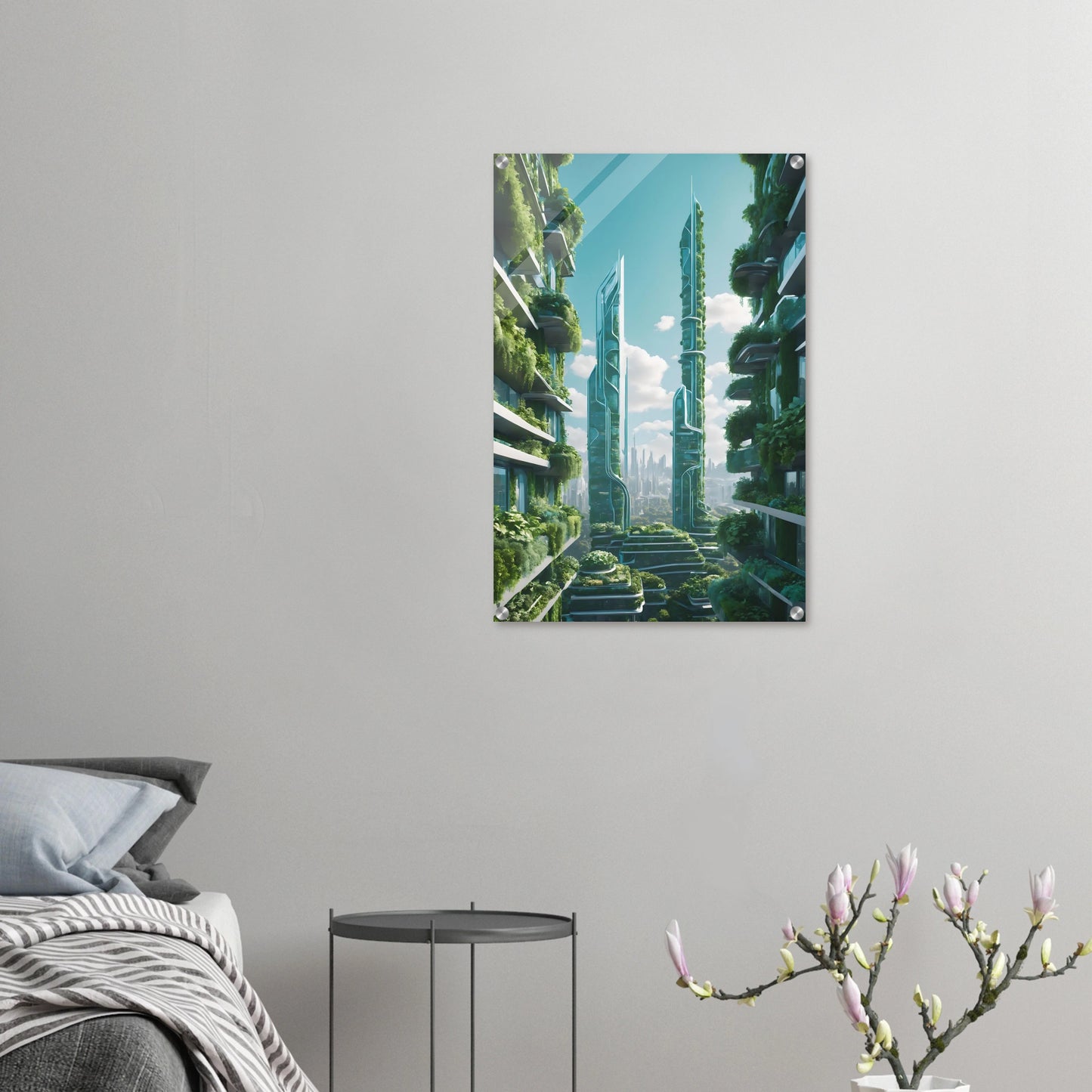 Digitales Kunstwerk einer futuristischen Stadt mit extrem hohen, schlanken Wolkenkratzern, die über und über mit grünen Pflanzen bewachsen sind. 50x75 cm. Acryl