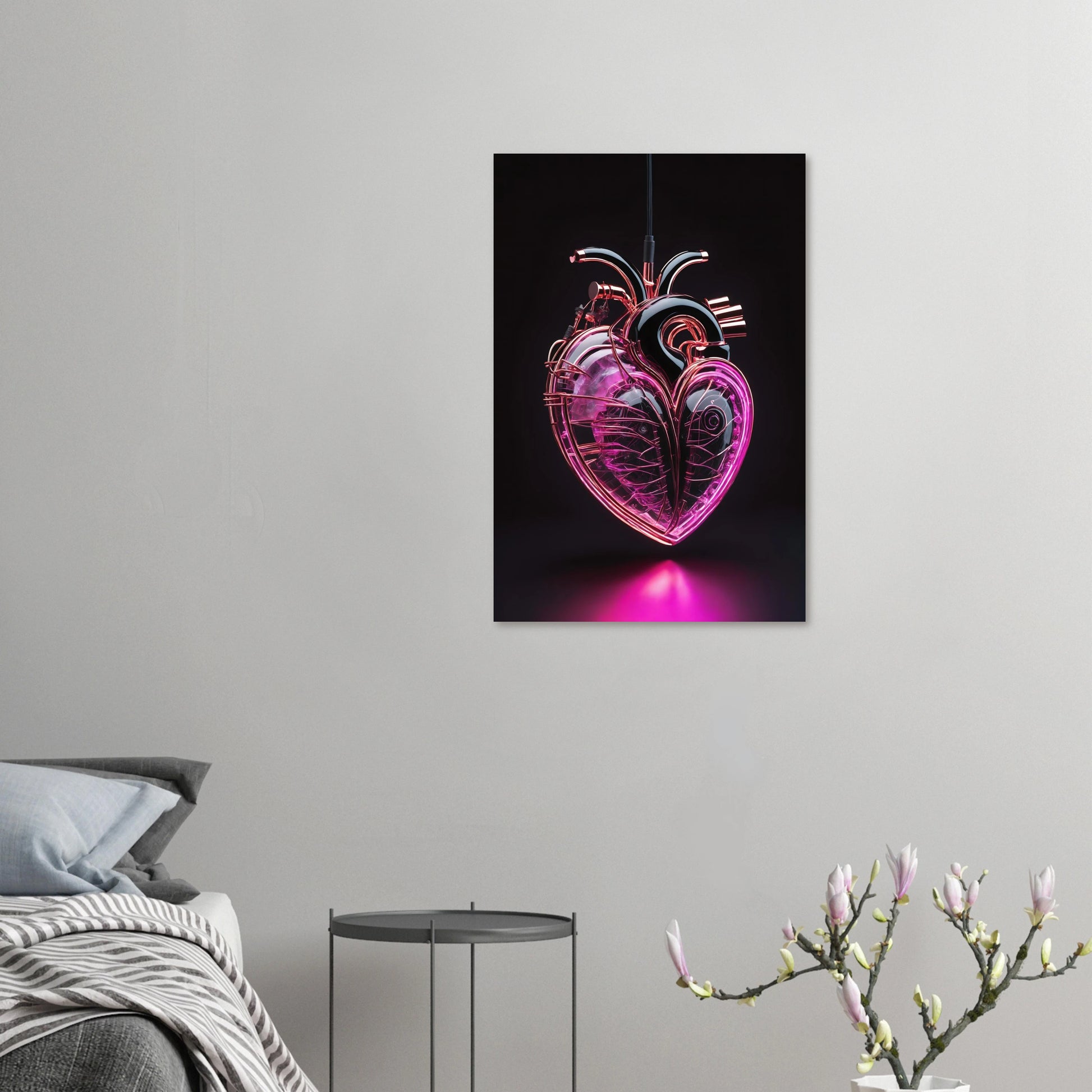 Digitales Kunstwerk eines anatomischen Herzens mit leuchtend pinken Neon-Strukturen und glänzenden schwarzen Oberflächen auf dunklem Grund. 50x75 cm. Dibond