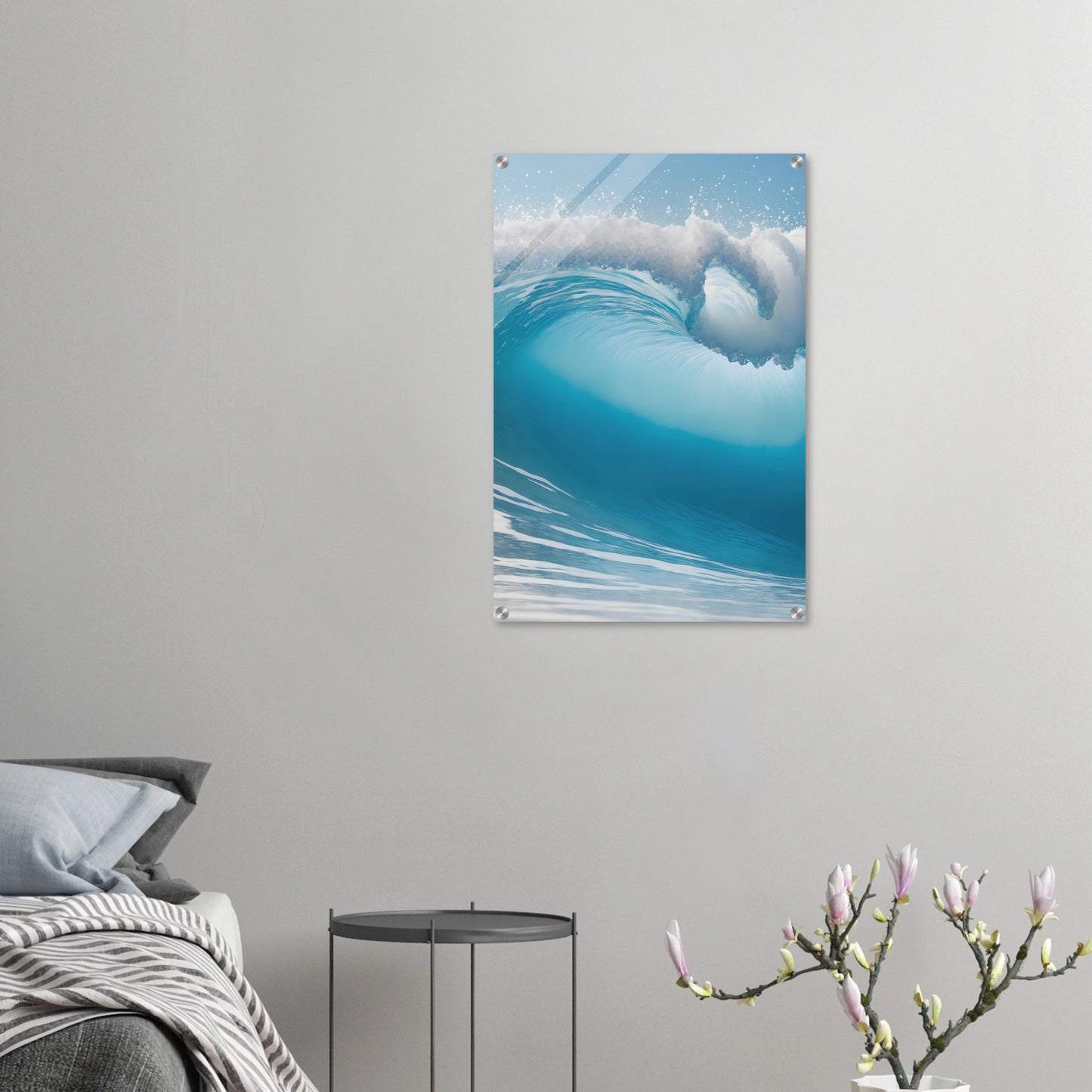 Abstraktes Wandbild einer brechenden Meereswelle in Türkis und Blau mit weißer Gischt. 50x75 cm. Acryl