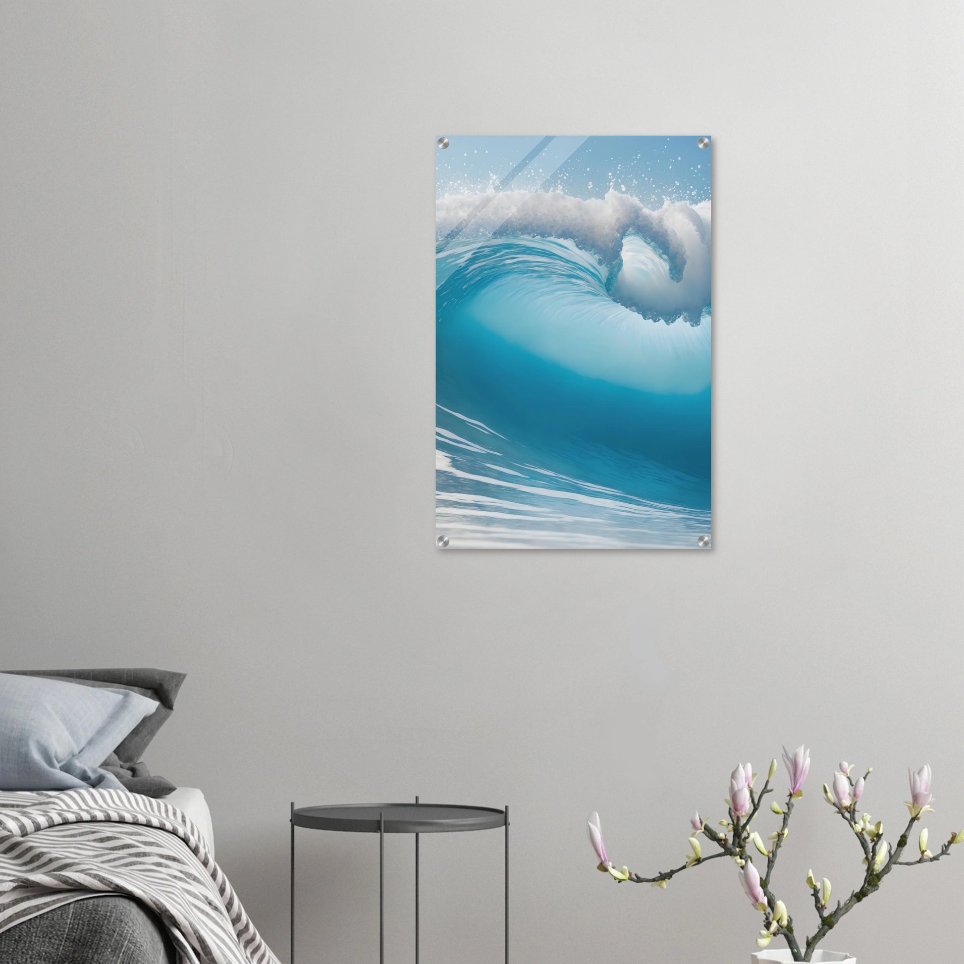 Abstraktes Wandbild einer brechenden Meereswelle in Türkis und Blau mit weißer Gischt. 50x75 cm. Acryl