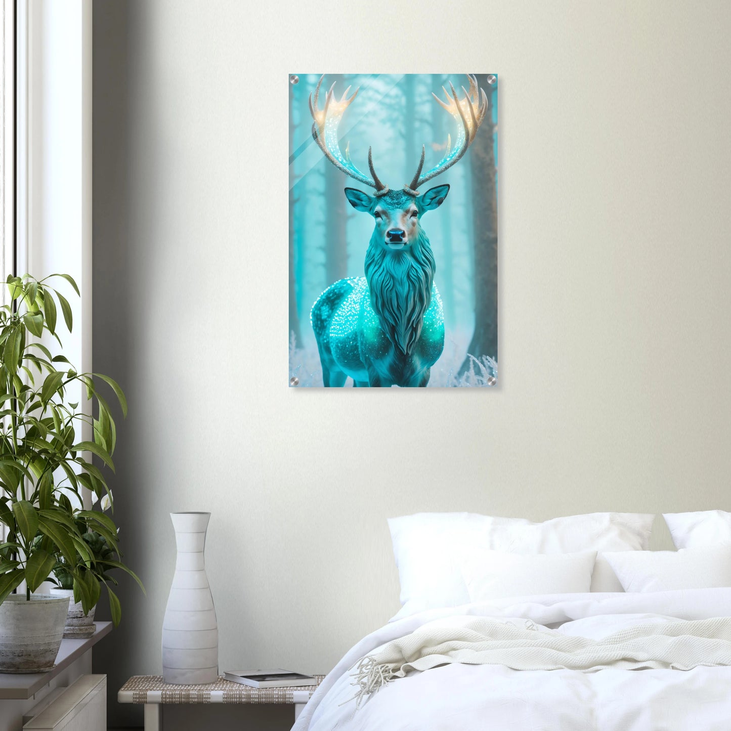 Digitales Kunstwerk eines Hirsches mit einem hell leuchtenden, kristallinen Geweih in einem nebligen blauen Winterwald. 50x75 cm. Acryl