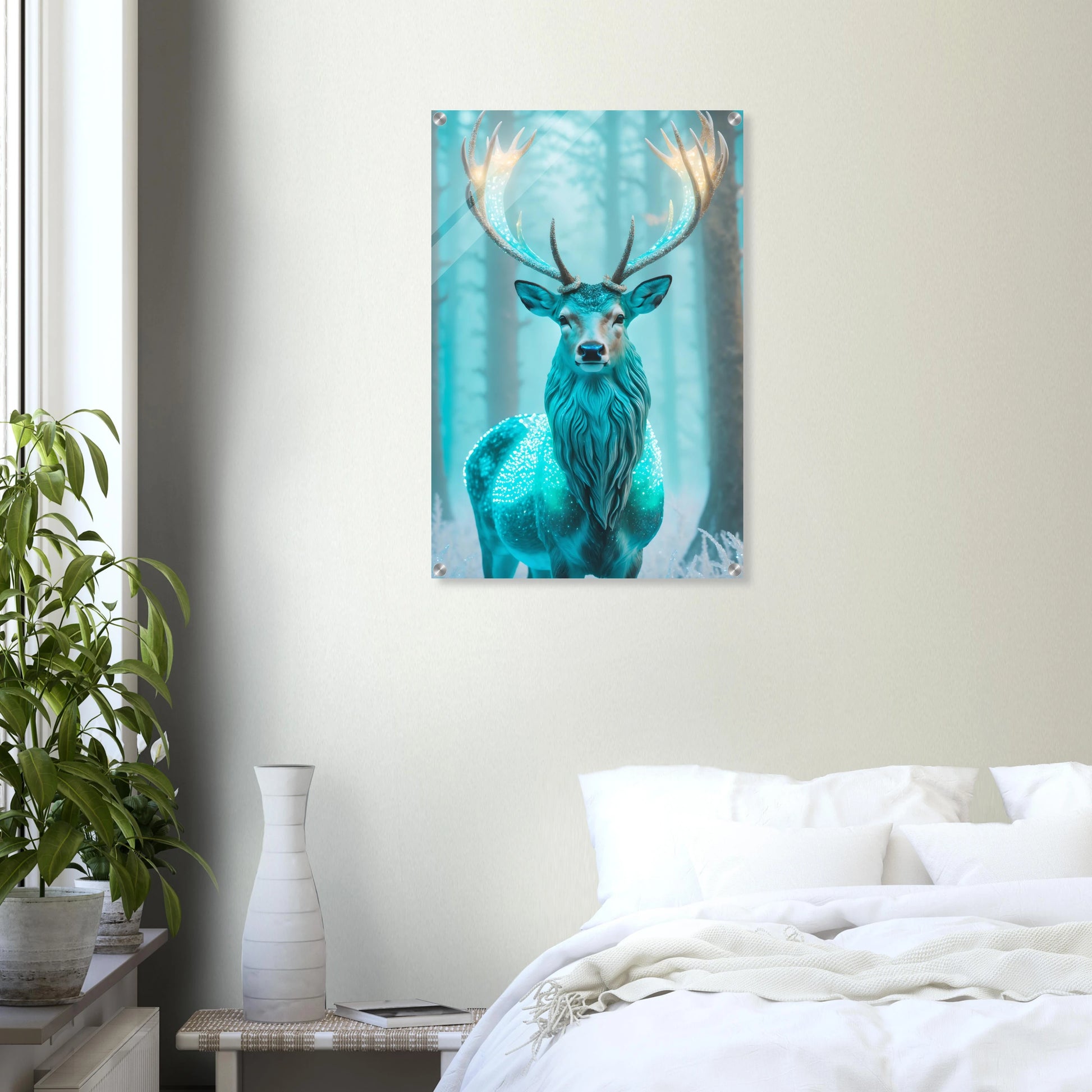 Digitales Kunstwerk eines Hirsches mit einem hell leuchtenden, kristallinen Geweih in einem nebligen blauen Winterwald. 50x75 cm. Acryl