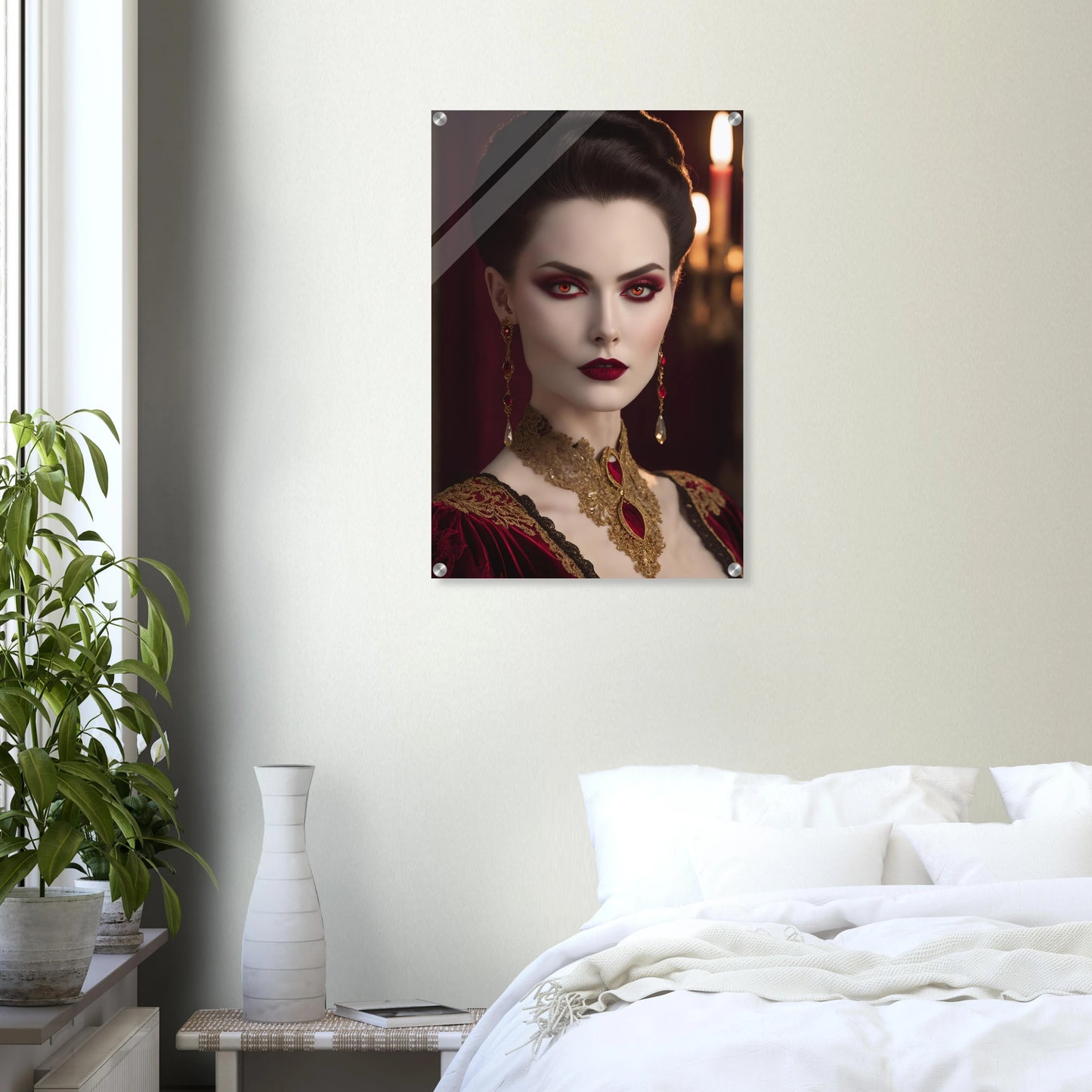 Digitales Porträt einer Frau im Gothic-Stil mit rot leuchtenden Augen, dunklem Haar und opulentem gold-rotem Halsschmuck. 50x75 cm. Acryl