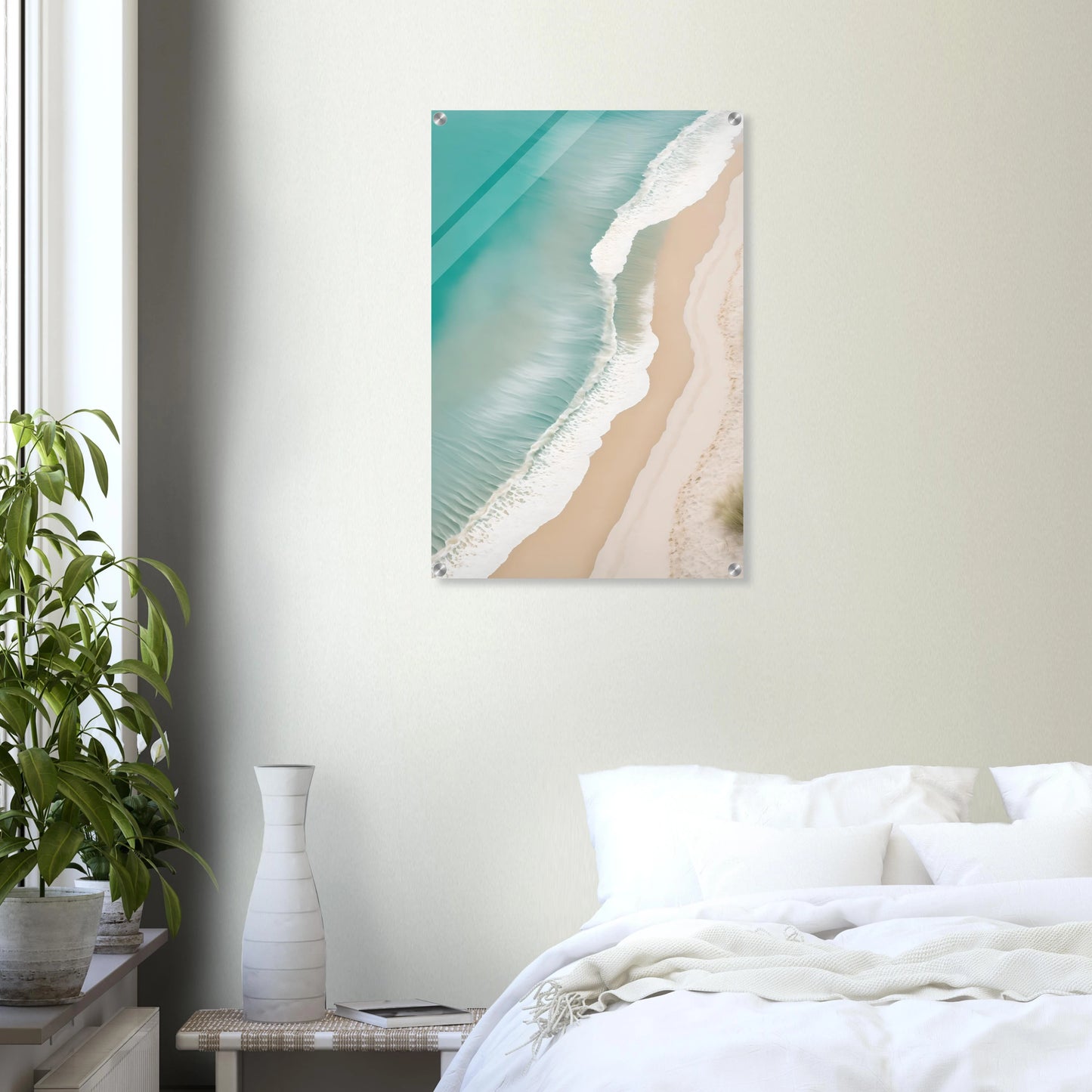 Traumhaftes Strand-Wandbild: Türkisfarbenes Meer und weißer Sand aus der Luftaufnahme. Minimalistisches Küsten-Design für Ihr Zuhause. Jetzt online kaufen! 50x75 cm. Acryl