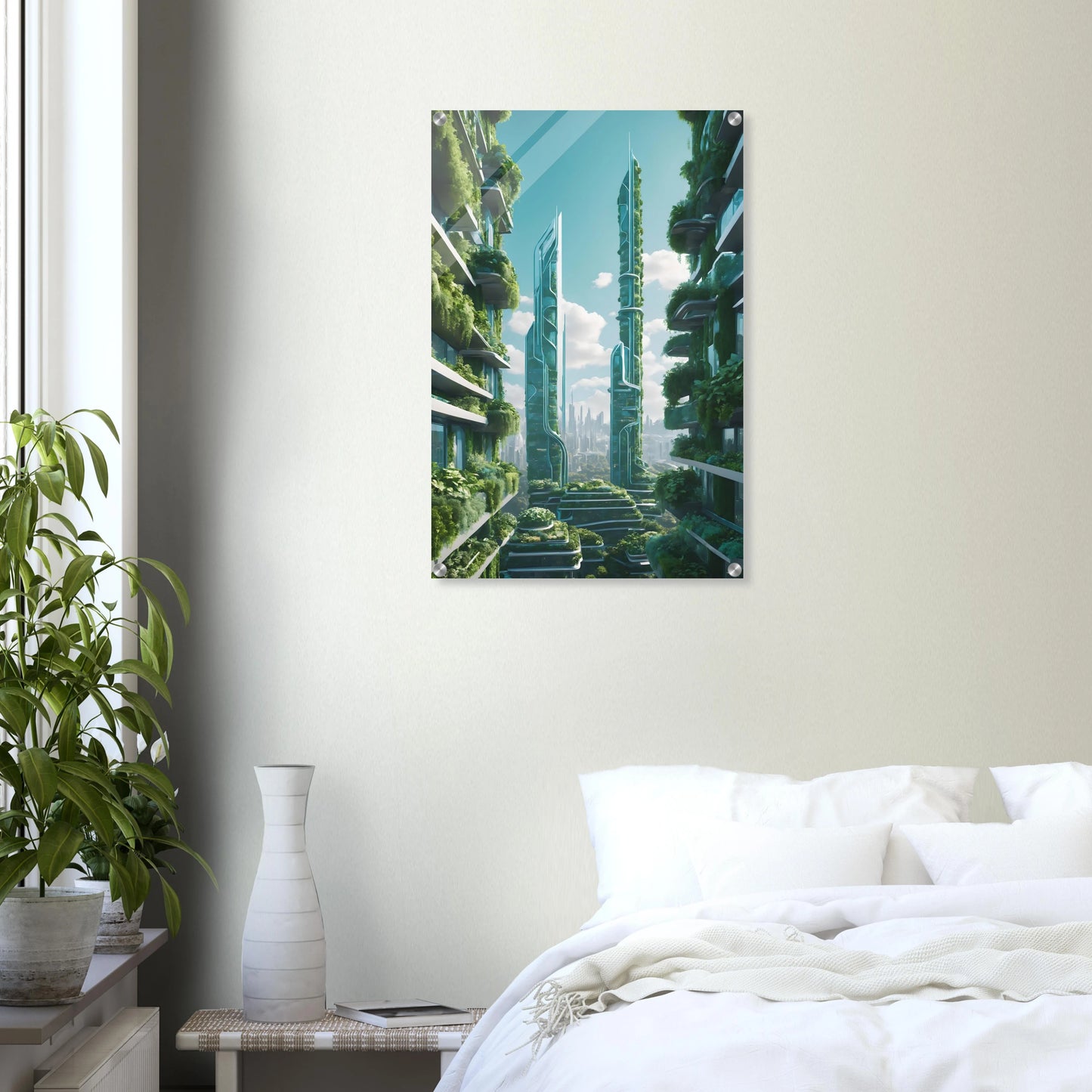 Digitales Kunstwerk einer futuristischen Stadt mit extrem hohen, schlanken Wolkenkratzern, die über und über mit grünen Pflanzen bewachsen sind. 50x75 cm. Acryl