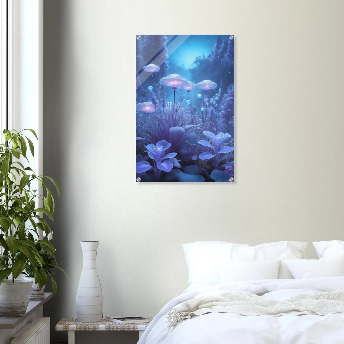 Digitales Kunstwerk einer fantastischen Waldlandschaft mit biolumineszenten, blau leuchtenden Pilzen und Blumen in sanftem Licht. 50x75 cm. Acryl