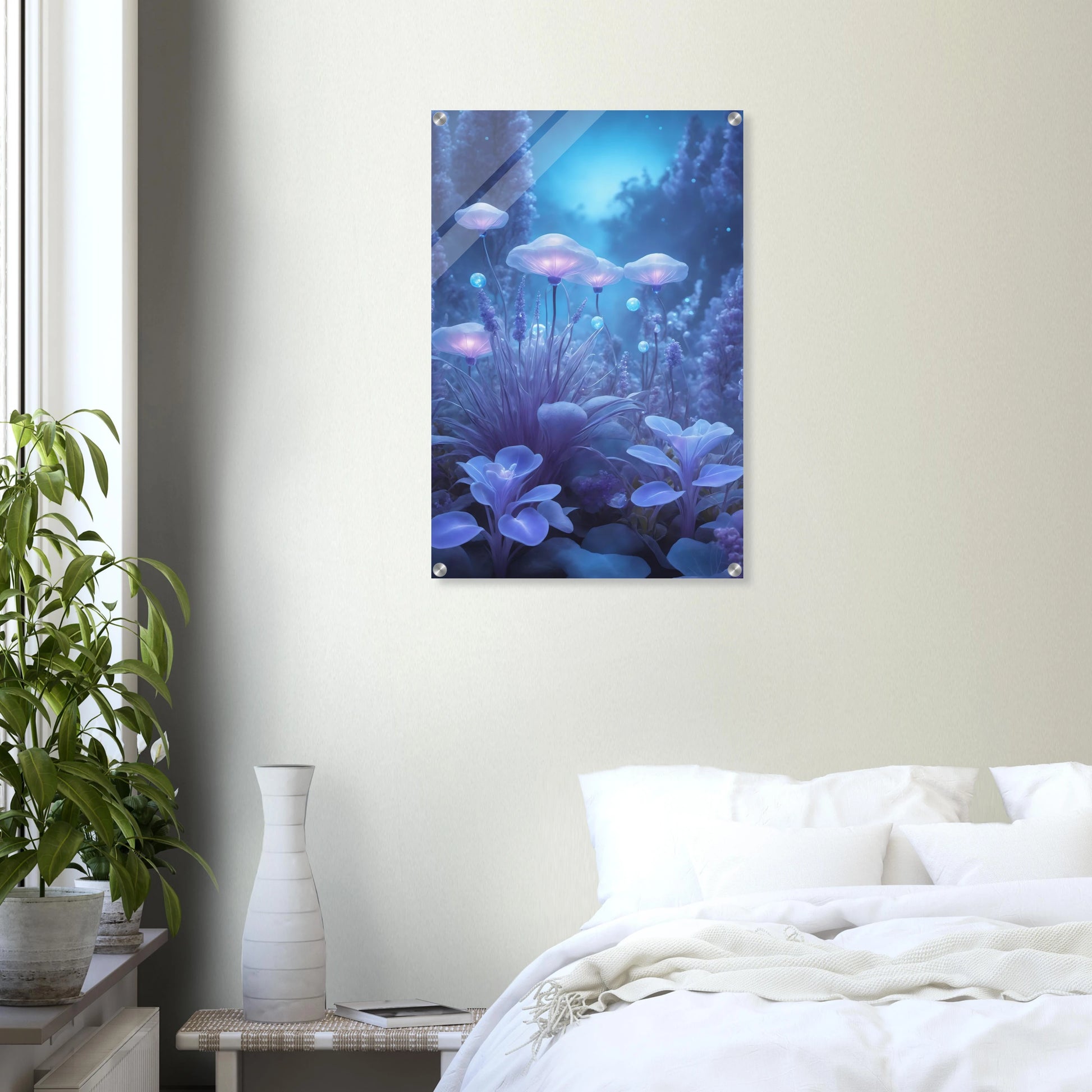 Digitales Kunstwerk einer fantastischen Waldlandschaft mit biolumineszenten, blau leuchtenden Pilzen und Blumen in sanftem Licht. 50x75 cm. Acryl