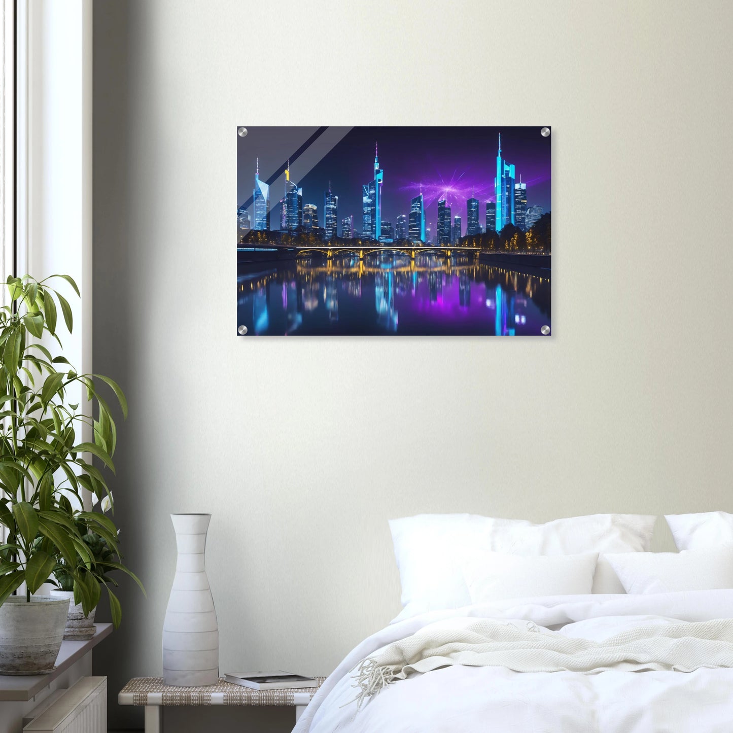 Modernes Wandbild der Frankfurter Skyline bei Nacht mit beleuchteten Wolkenkratzern und violetten Lichteffekten am Himmel. 50x75 cm. Acryl