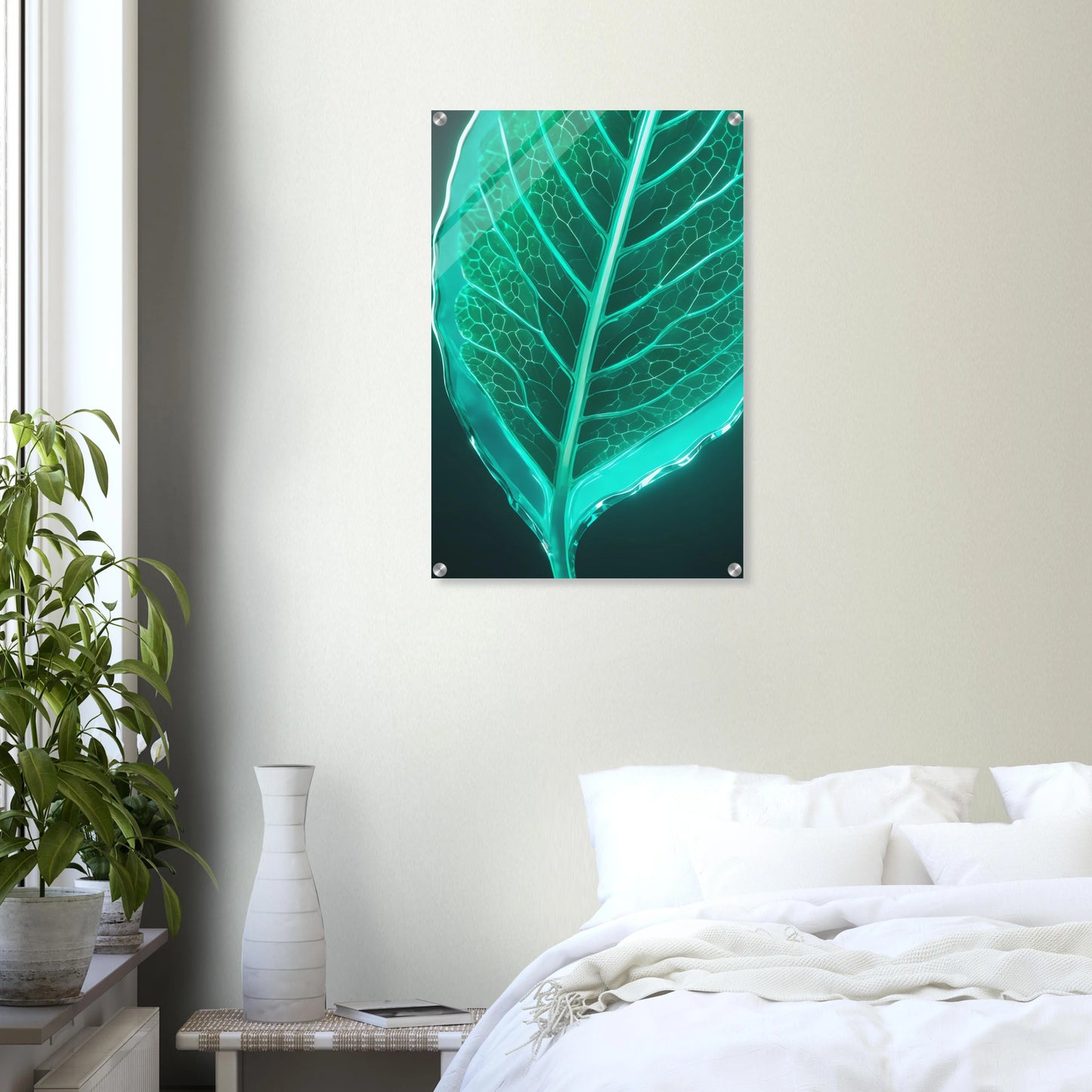 Modernes Wandbild eines leuchtenden, türkisfarbenen Blattes in transparenter Glas-Optik mit sichtbaren Blattadern. 50x75 cm. Acryl