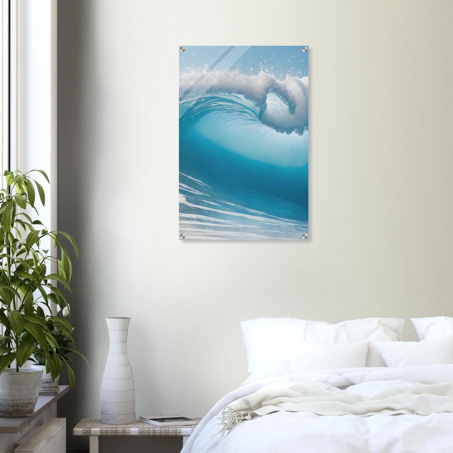 Abstraktes Wandbild einer brechenden Meereswelle in Türkis und Blau mit weißer Gischt. 50x75 cm. Acryl