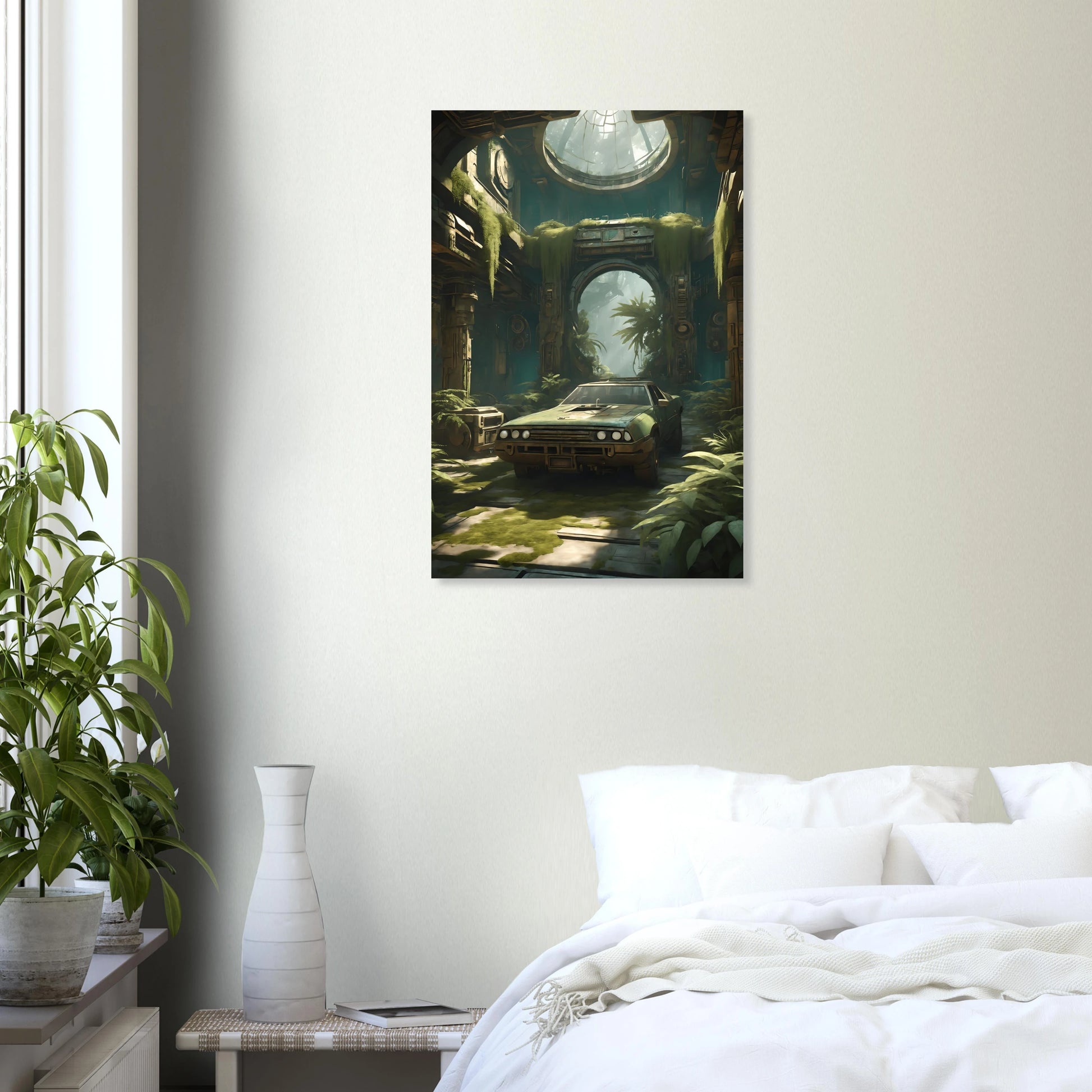 Digitales Kunstwerk eines alten, grünen Autos in einer großen, von Pflanzen und Moos bewachsenen Tempel-Ruine mit Lichteinfall von oben. 50x75 cm. Dibond