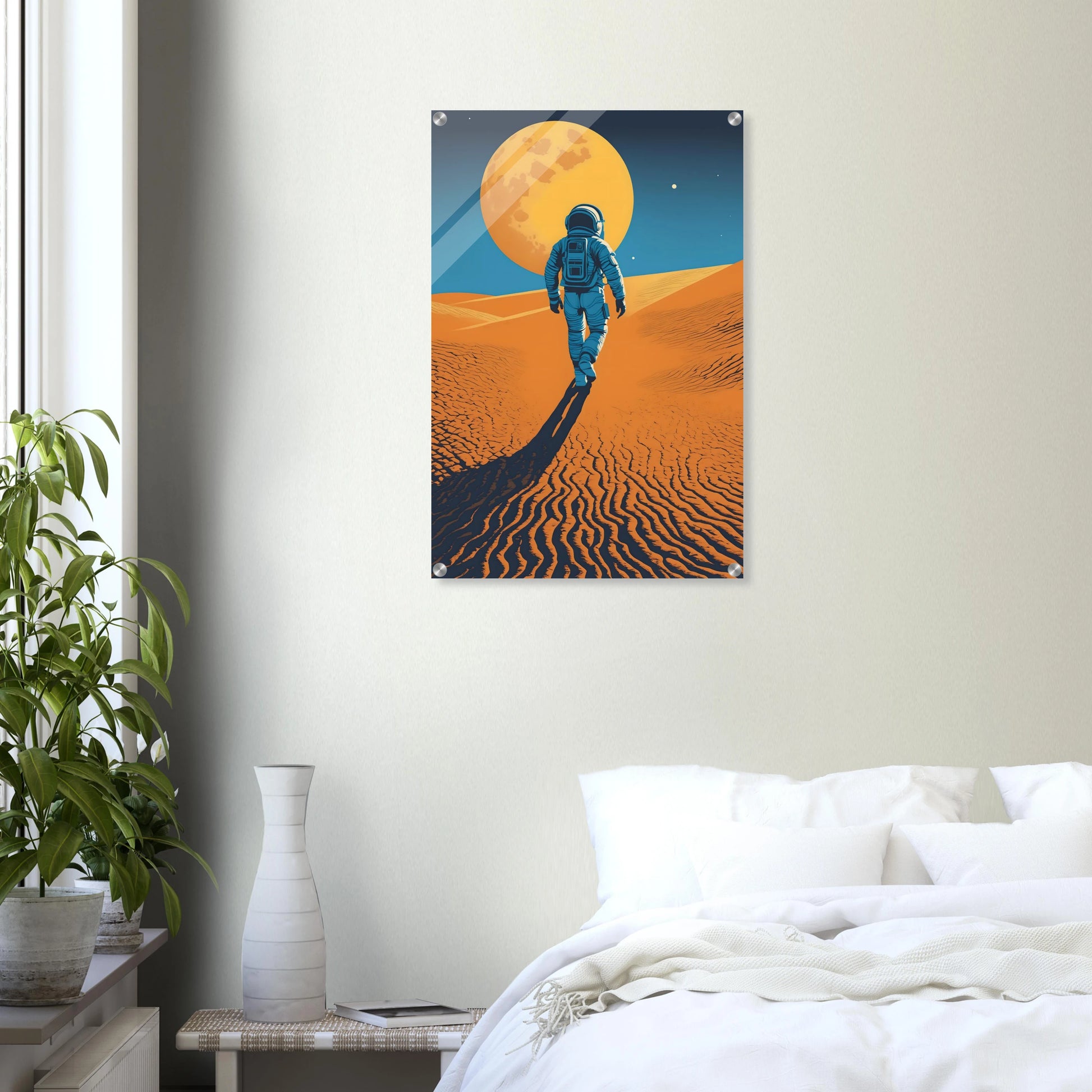 Illustration eines Astronauten, der bei Nacht durch eine orangefarbene Wüstenlandschaft unter einem großen Vollmond wandert. 50x75 cm. Acryl