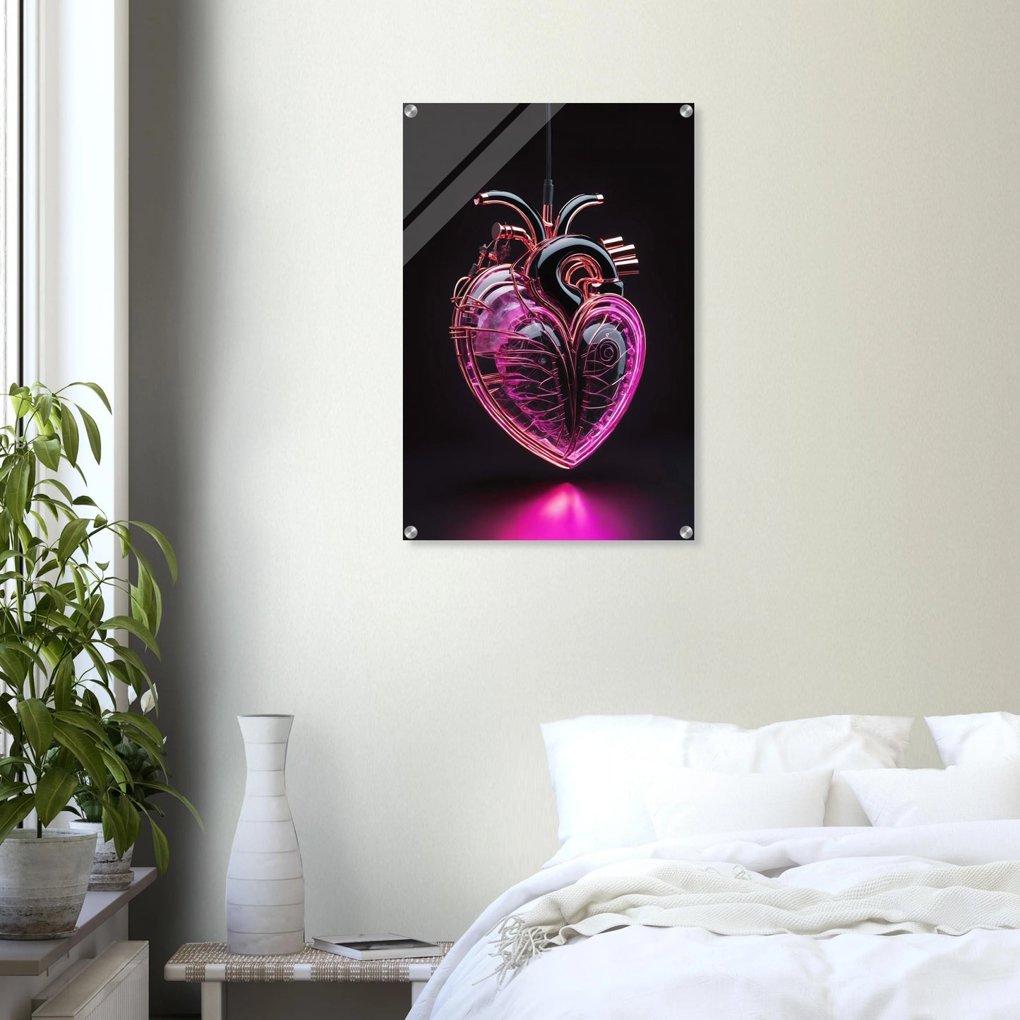 Digitales Kunstwerk eines anatomischen Herzens mit leuchtend pinken Neon-Strukturen und glänzenden schwarzen Oberflächen auf dunklem Grund. 50x75 cm. Acryl