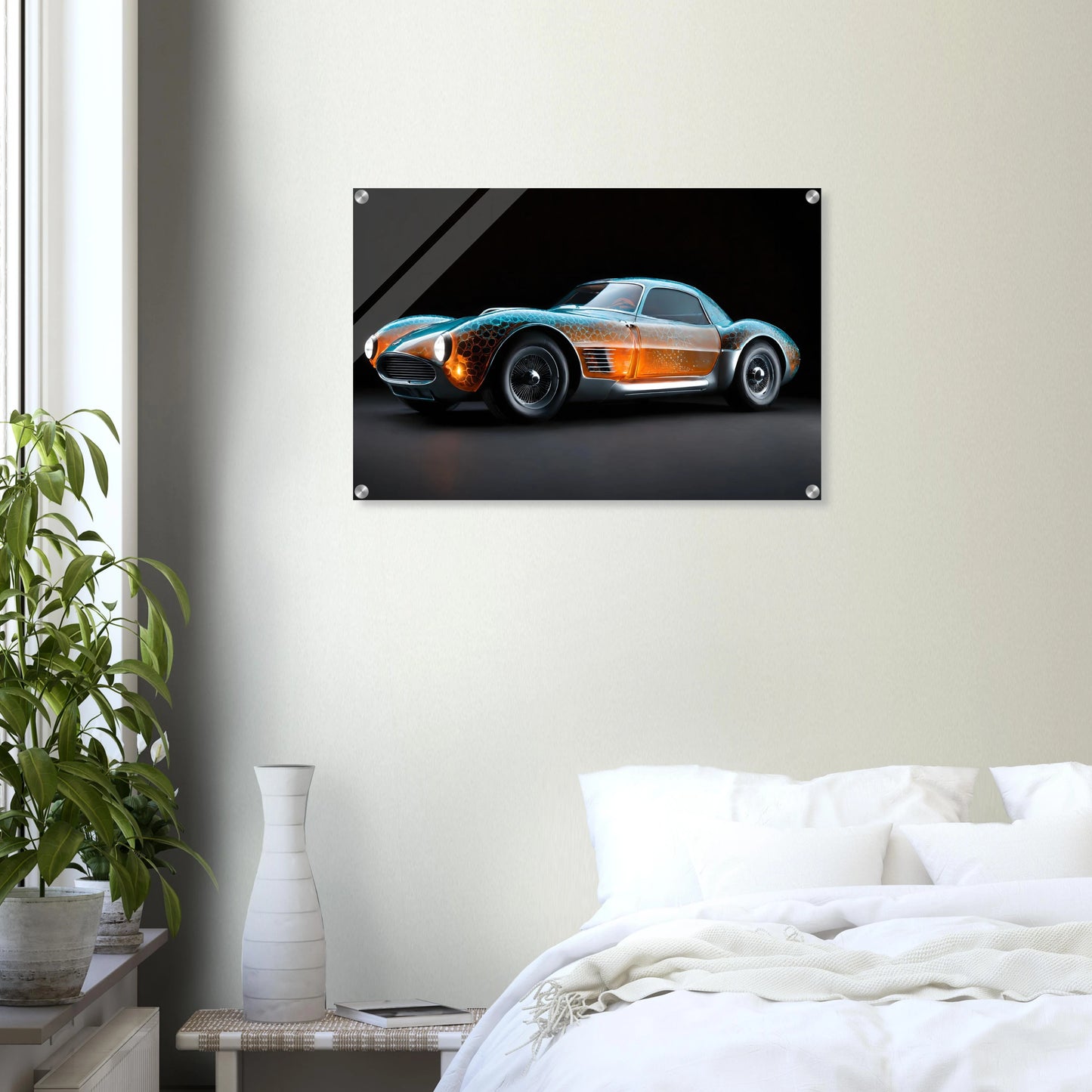 Digitales Kunstwerk eines klassischen Sportwagens mit einer transparenten, bernsteinfarbenen Karosserie und blauen Lichtreflexen. 50x75 cm. Acryl