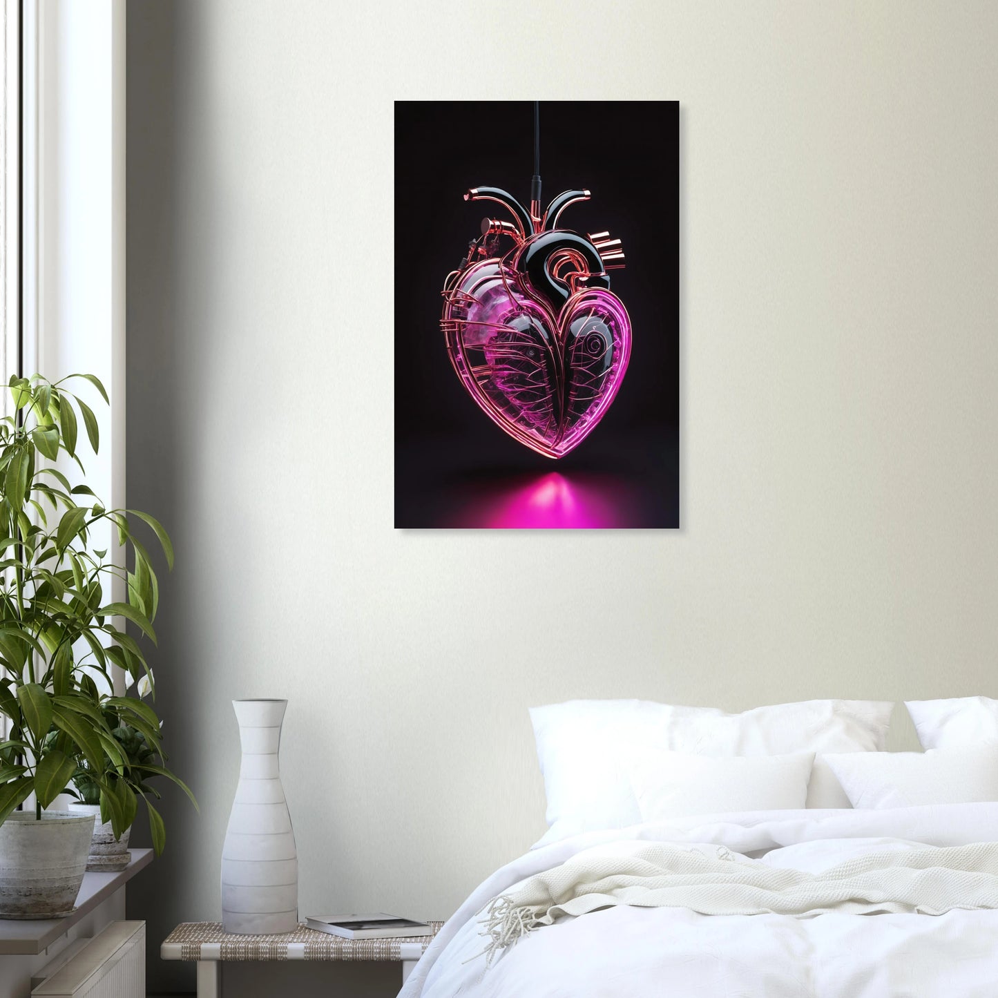 Digitales Kunstwerk eines anatomischen Herzens mit leuchtend pinken Neon-Strukturen und glänzenden schwarzen Oberflächen auf dunklem Grund. 50x75 cm. Dibond
