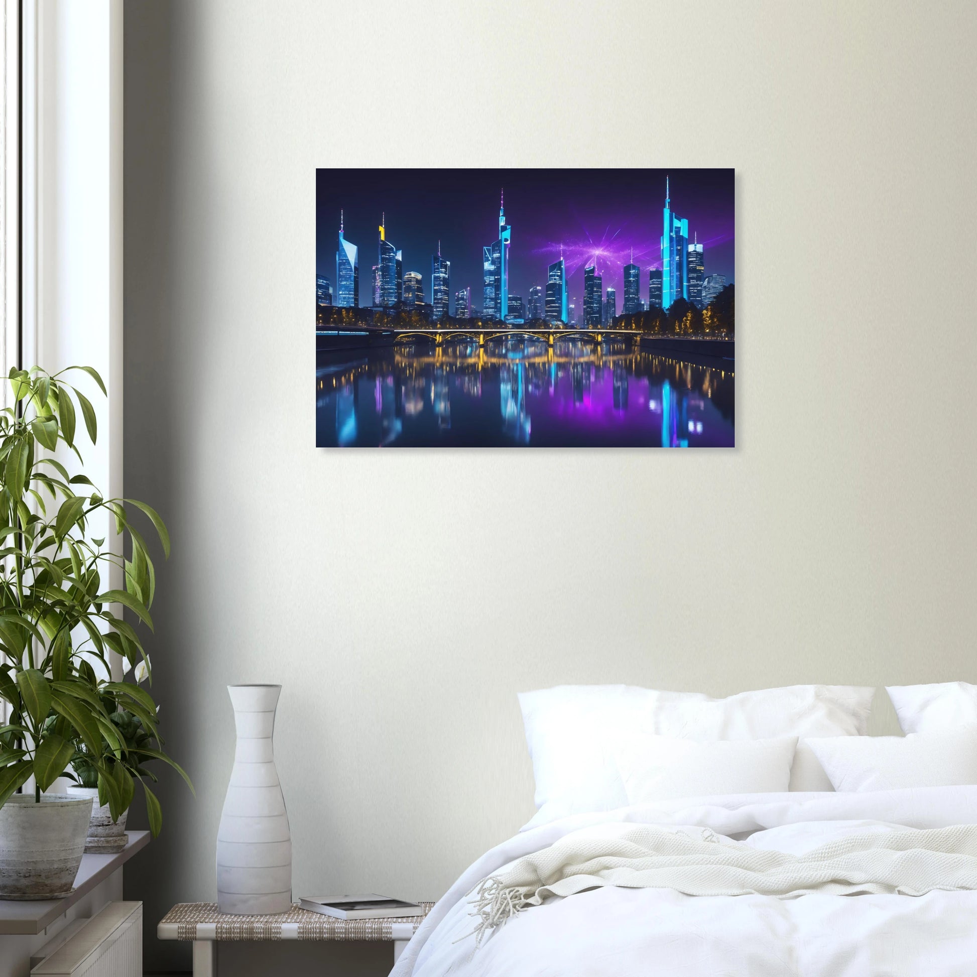 Modernes Wandbild der Frankfurter Skyline bei Nacht mit beleuchteten Wolkenkratzern und violetten Lichteffekten am Himmel. 50x75 cm. Dibond