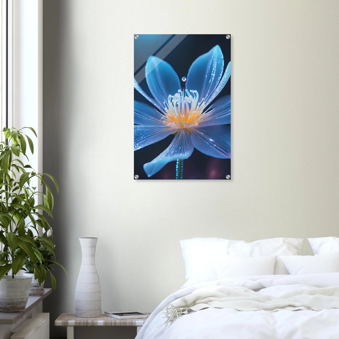 Digitales Wandbild einer blau leuchtenden Blüte mit goldenem Kern und schimmernden Lichtpartikeln auf dunklem Grund. 50x75 cm. Acryl