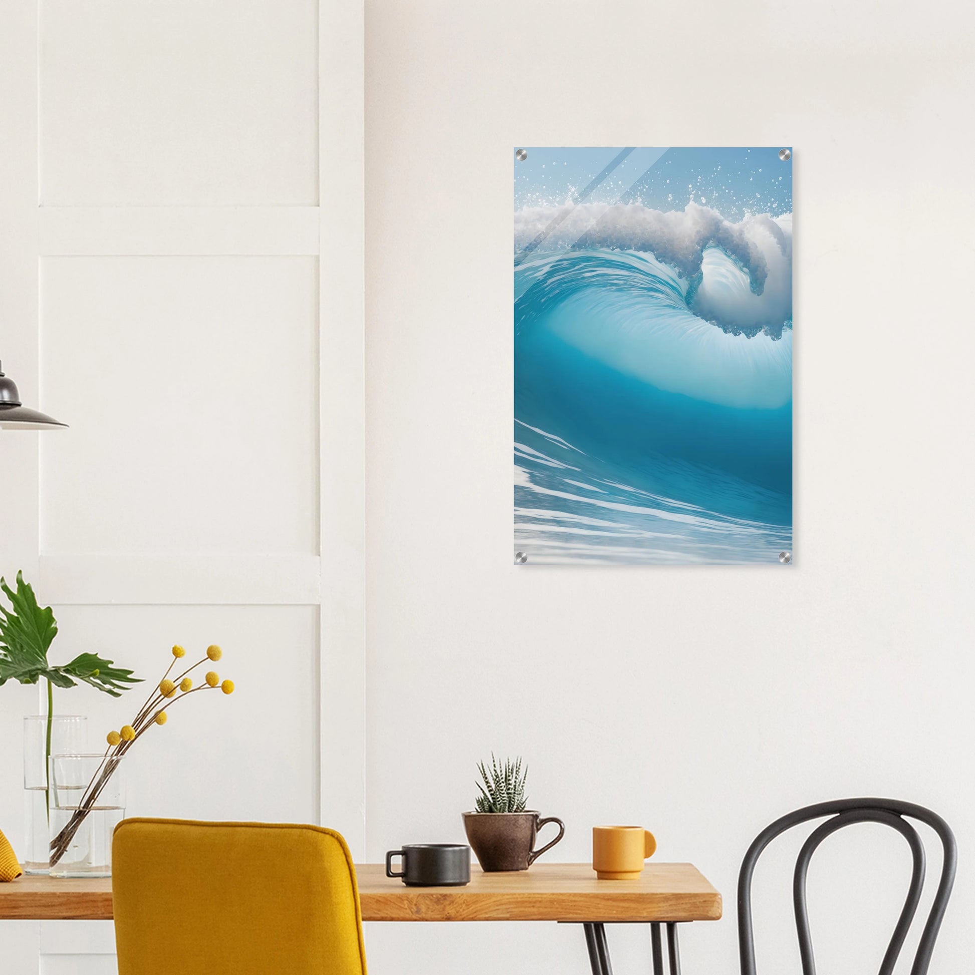 Abstraktes Wandbild einer brechenden Meereswelle in Türkis und Blau mit weißer Gischt. 50x75 cm. Acryl