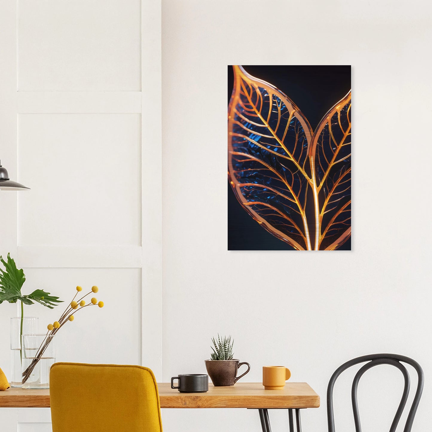 Modernes Wandbild mit zwei goldenen, gläsernen Blättern in Makroaufnahme auf dunklem Hintergrund, Format 50x75 cm. Brushed