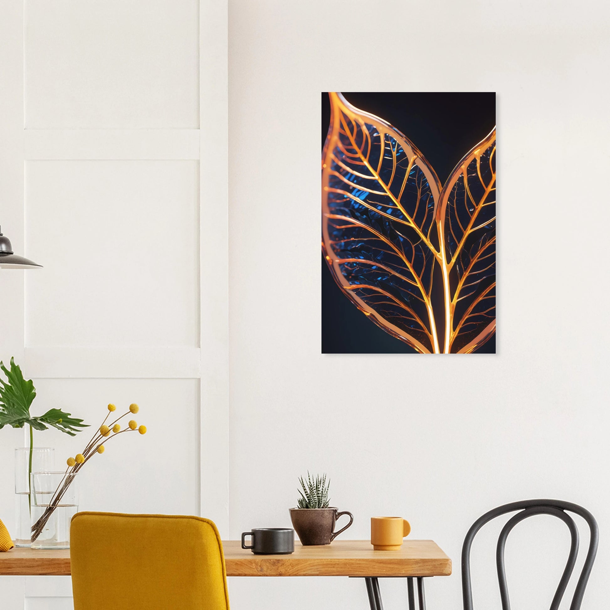 Modernes Wandbild mit zwei goldenen, gläsernen Blättern in Makroaufnahme auf dunklem Hintergrund, Format 50x75 cm. Dibond