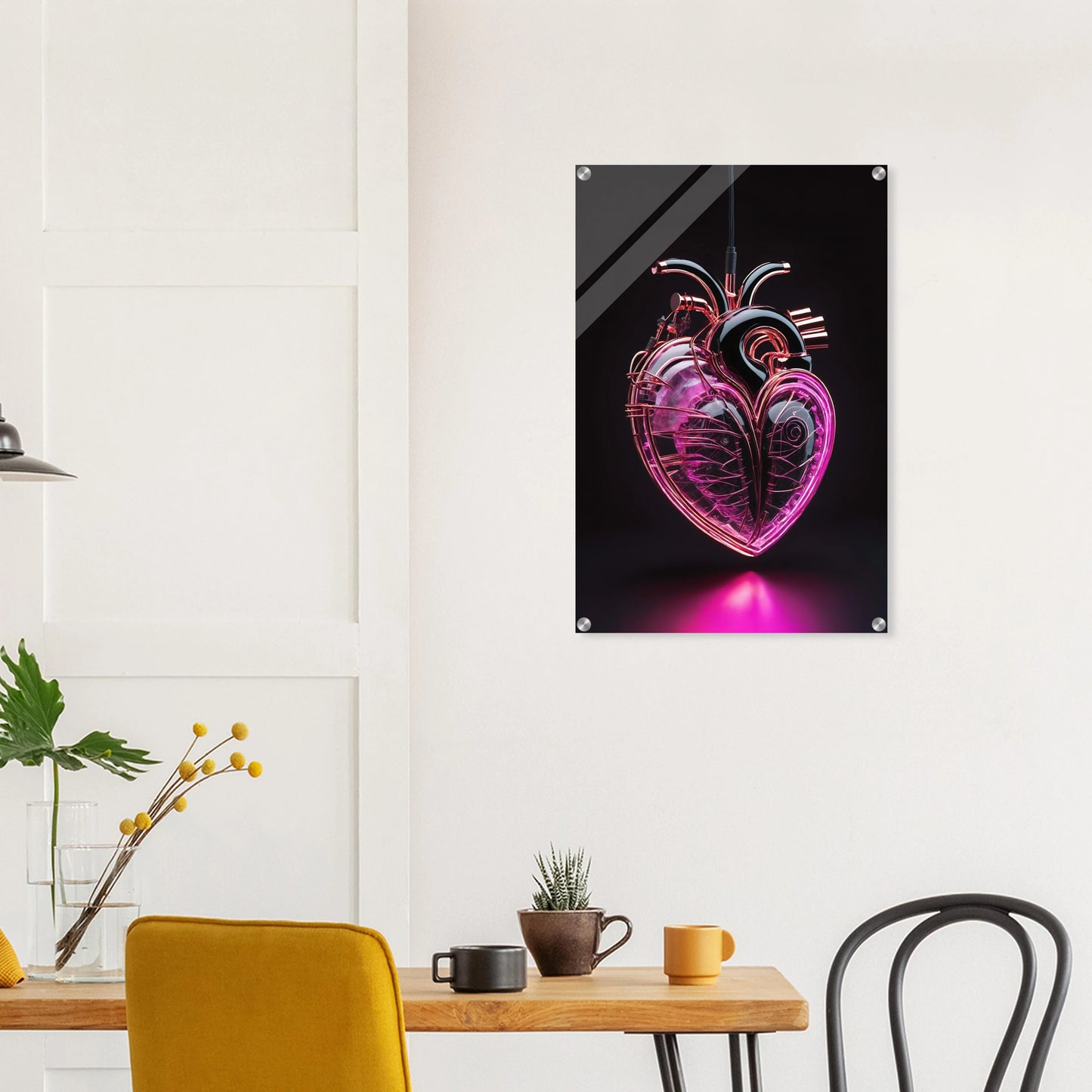 Digitales Kunstwerk eines anatomischen Herzens mit leuchtend pinken Neon-Strukturen und glänzenden schwarzen Oberflächen auf dunklem Grund. 50x75 cm. Acryl