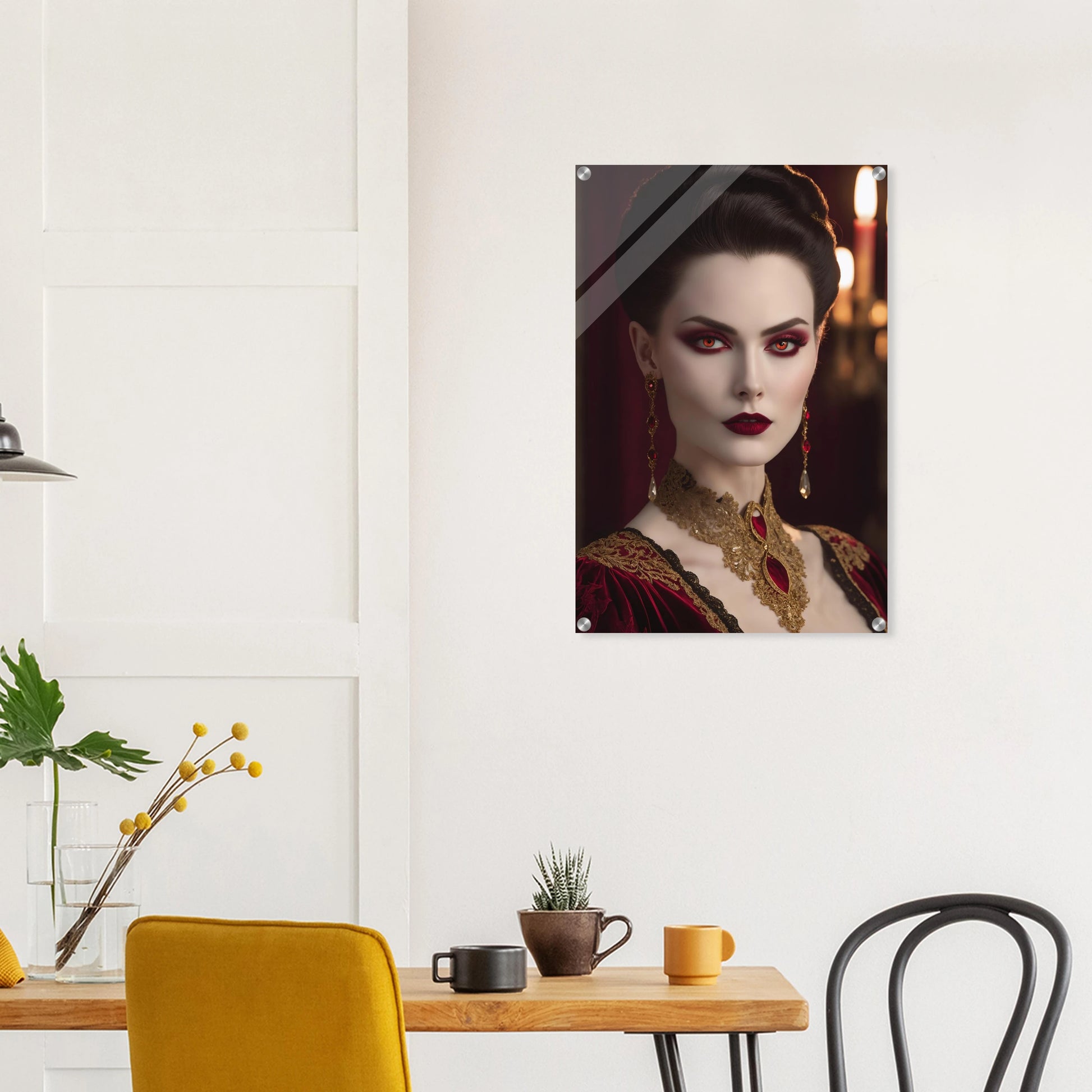 Digitales Porträt einer Frau im Gothic-Stil mit rot leuchtenden Augen, dunklem Haar und opulentem gold-rotem Halsschmuck. 50x75 cm. Acryl