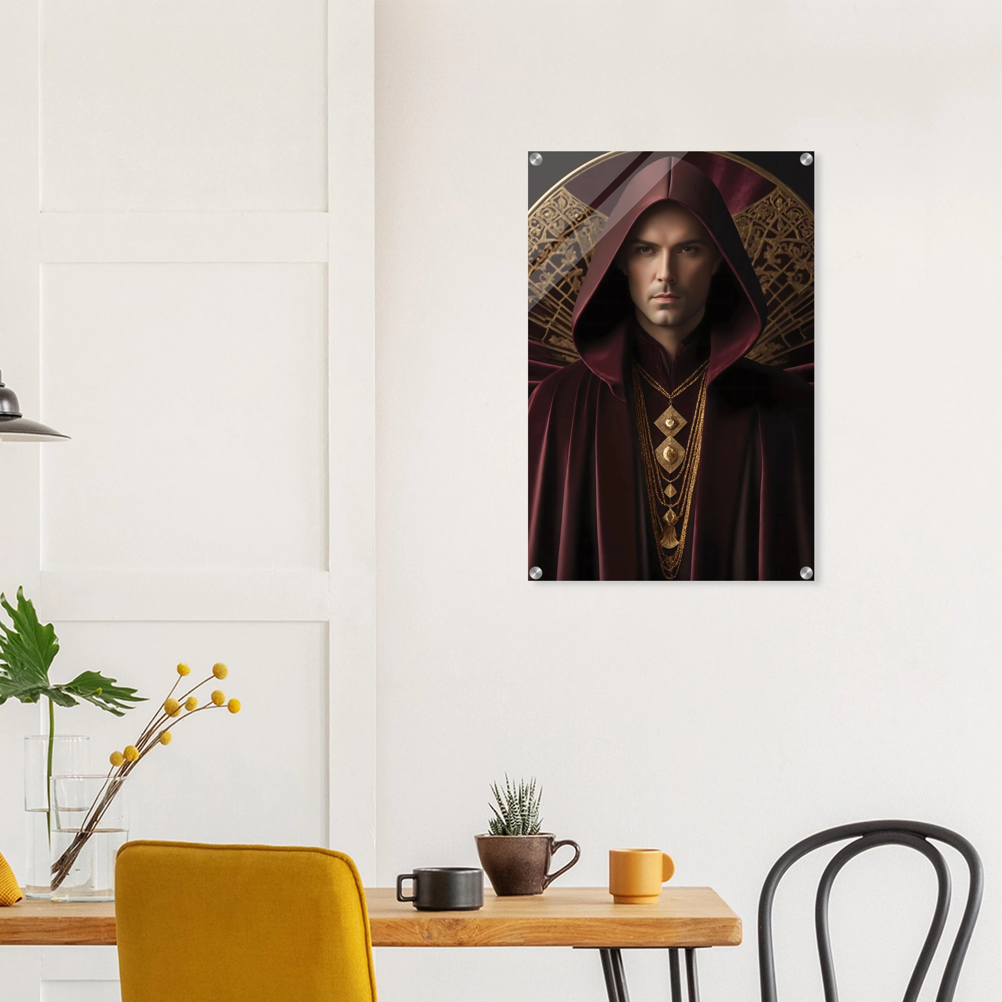 Digitales Kunstwerk einer männlichen Gestalt mit purpurner Kapuze, goldenen Ketten und kunstvollem Hintergrund. 50x75 cm. Acryl