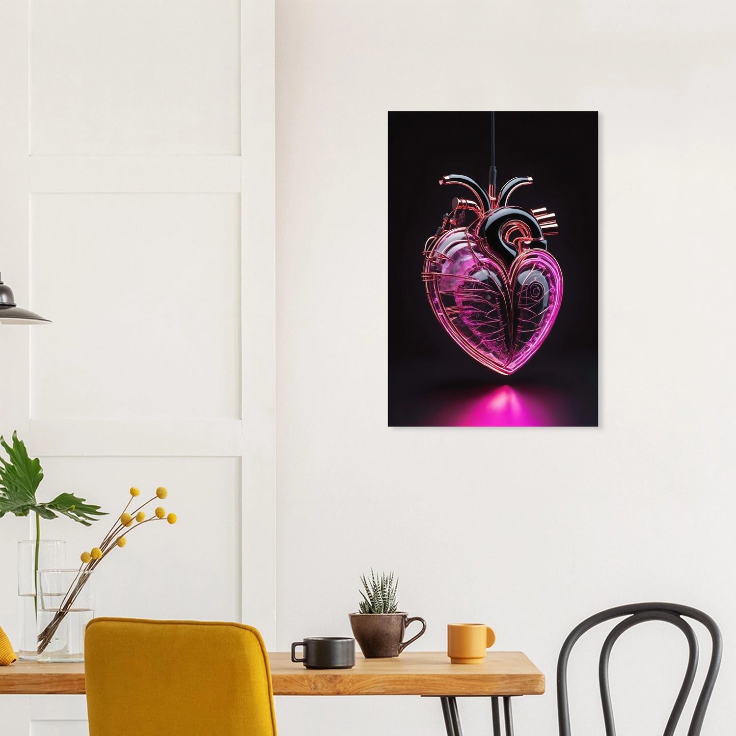 Digitales Kunstwerk eines anatomischen Herzens mit leuchtend pinken Neon-Strukturen und glänzenden schwarzen Oberflächen auf dunklem Grund. 50x75 cm. Dibond
