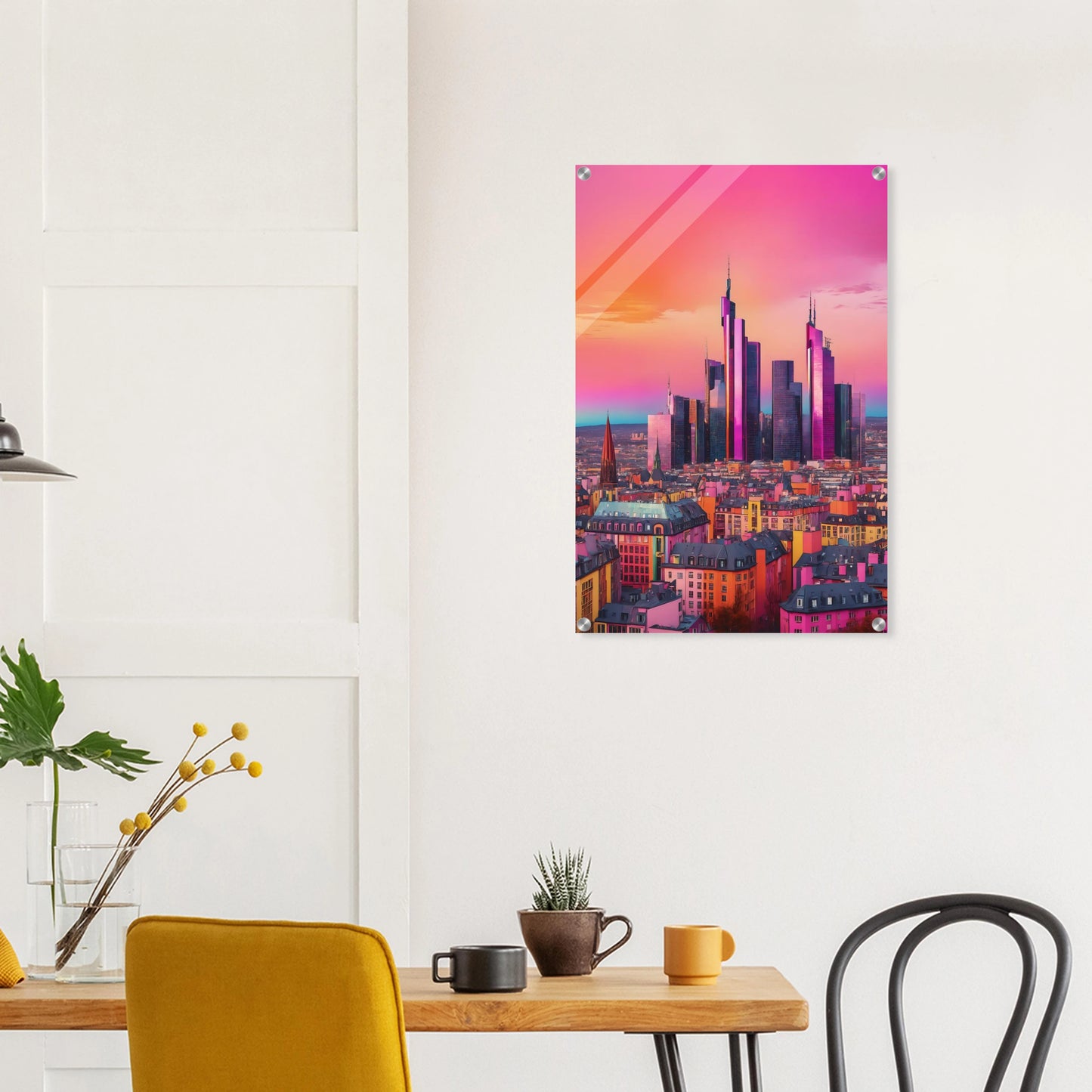 Buntes Wandbild der Frankfurter Skyline in intensiven Pink- und Violetttönen im modernen Pop-Art-Illustrationsstil. 50x75 cm. Acryl