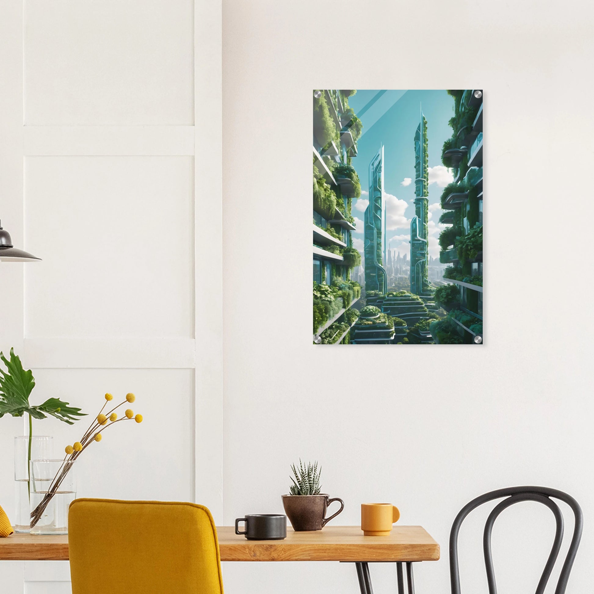 Digitales Kunstwerk einer futuristischen Stadt mit extrem hohen, schlanken Wolkenkratzern, die über und über mit grünen Pflanzen bewachsen sind. 50x75 cm. Acryl