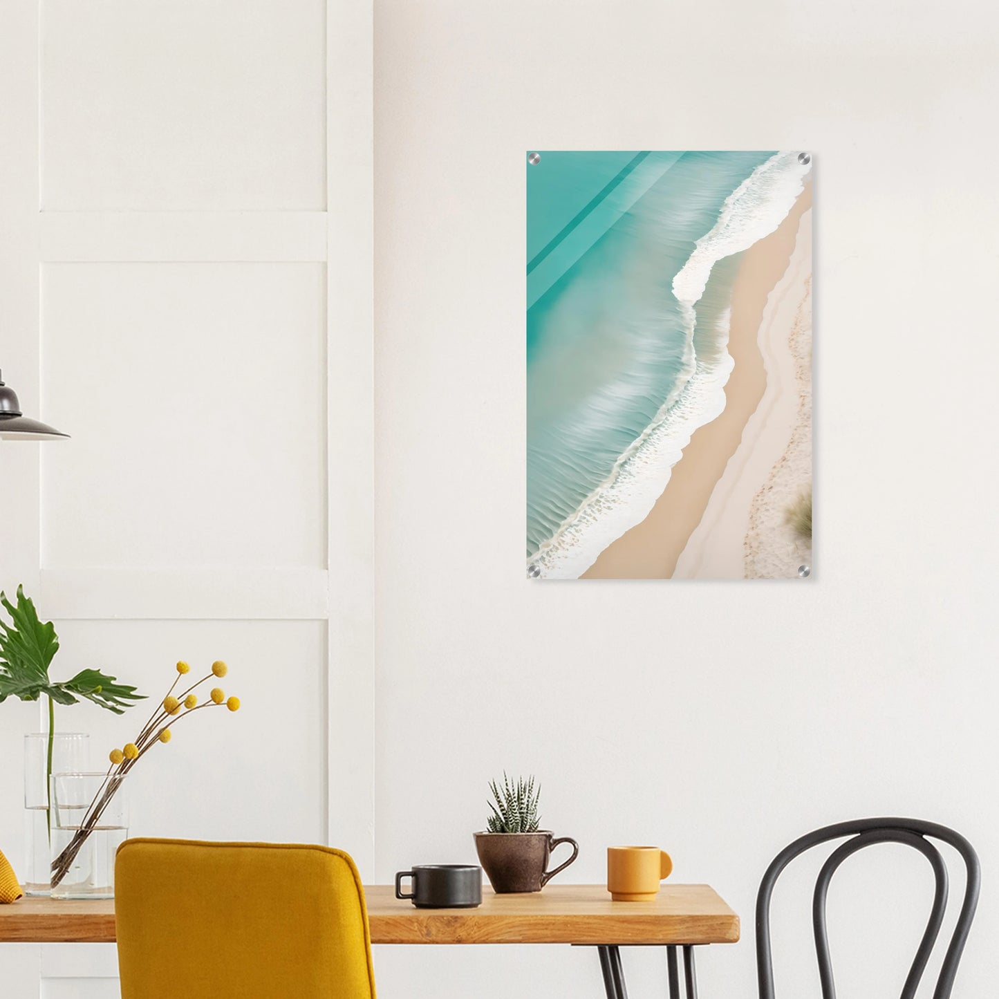 Traumhaftes Strand-Wandbild: Türkisfarbenes Meer und weißer Sand aus der Luftaufnahme. Minimalistisches Küsten-Design für Ihr Zuhause. Jetzt online kaufen! 50x75 cm. Acryl
