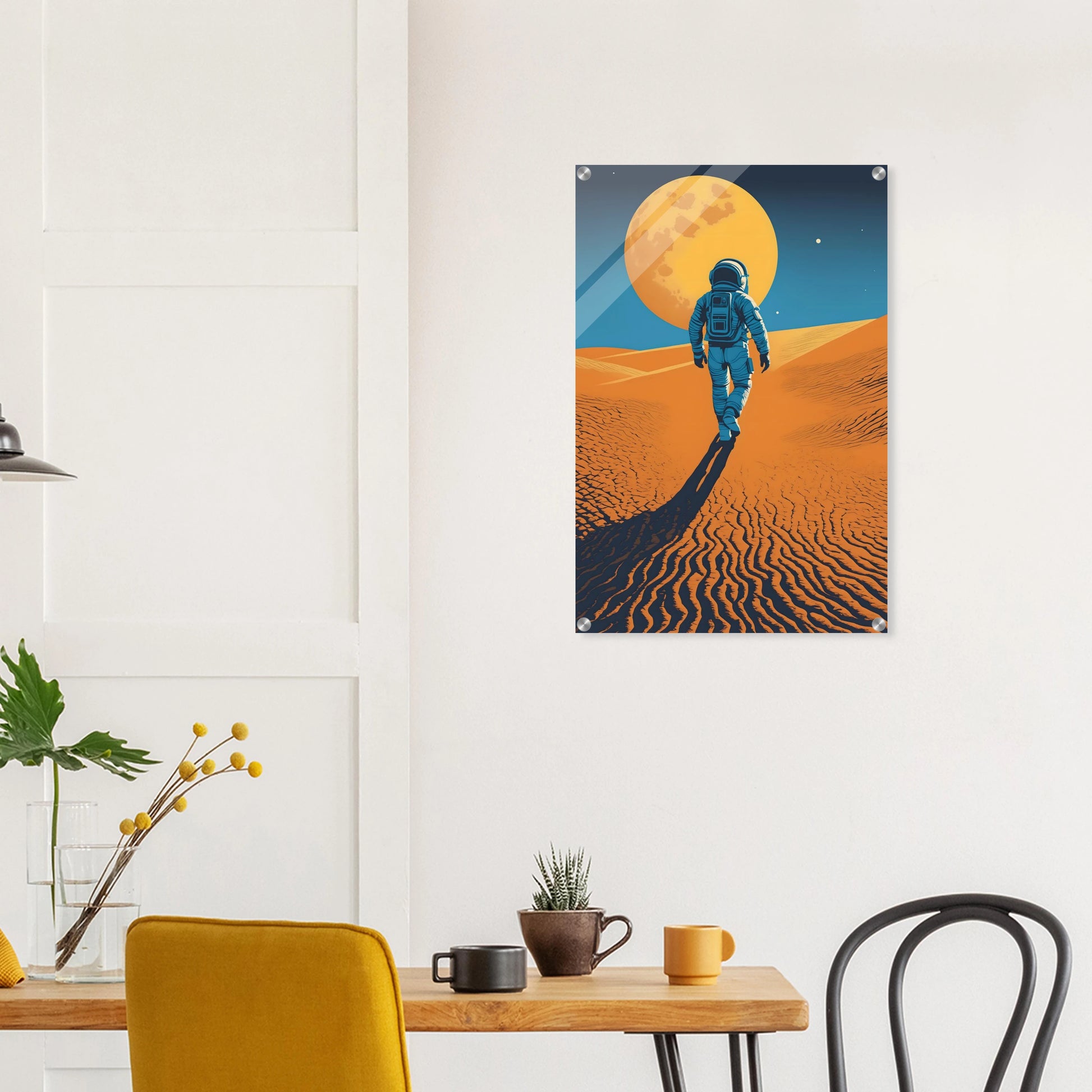 Illustration eines Astronauten, der bei Nacht durch eine orangefarbene Wüstenlandschaft unter einem großen Vollmond wandert. 50x75 cm. Acryl