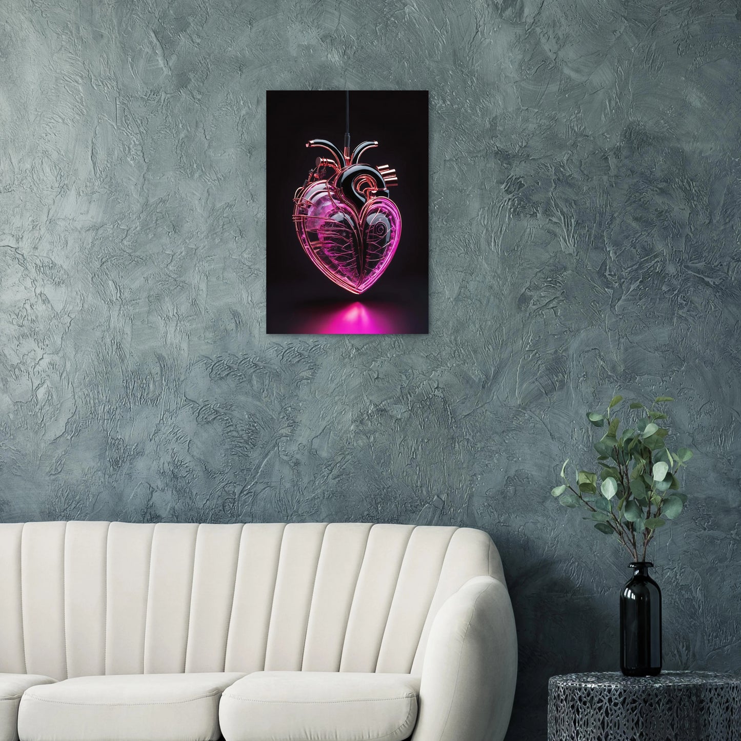 Digitales Kunstwerk eines anatomischen Herzens mit leuchtend pinken Neon-Strukturen und glänzenden schwarzen Oberflächen auf dunklem Grund. 50x75 cm. Dibond