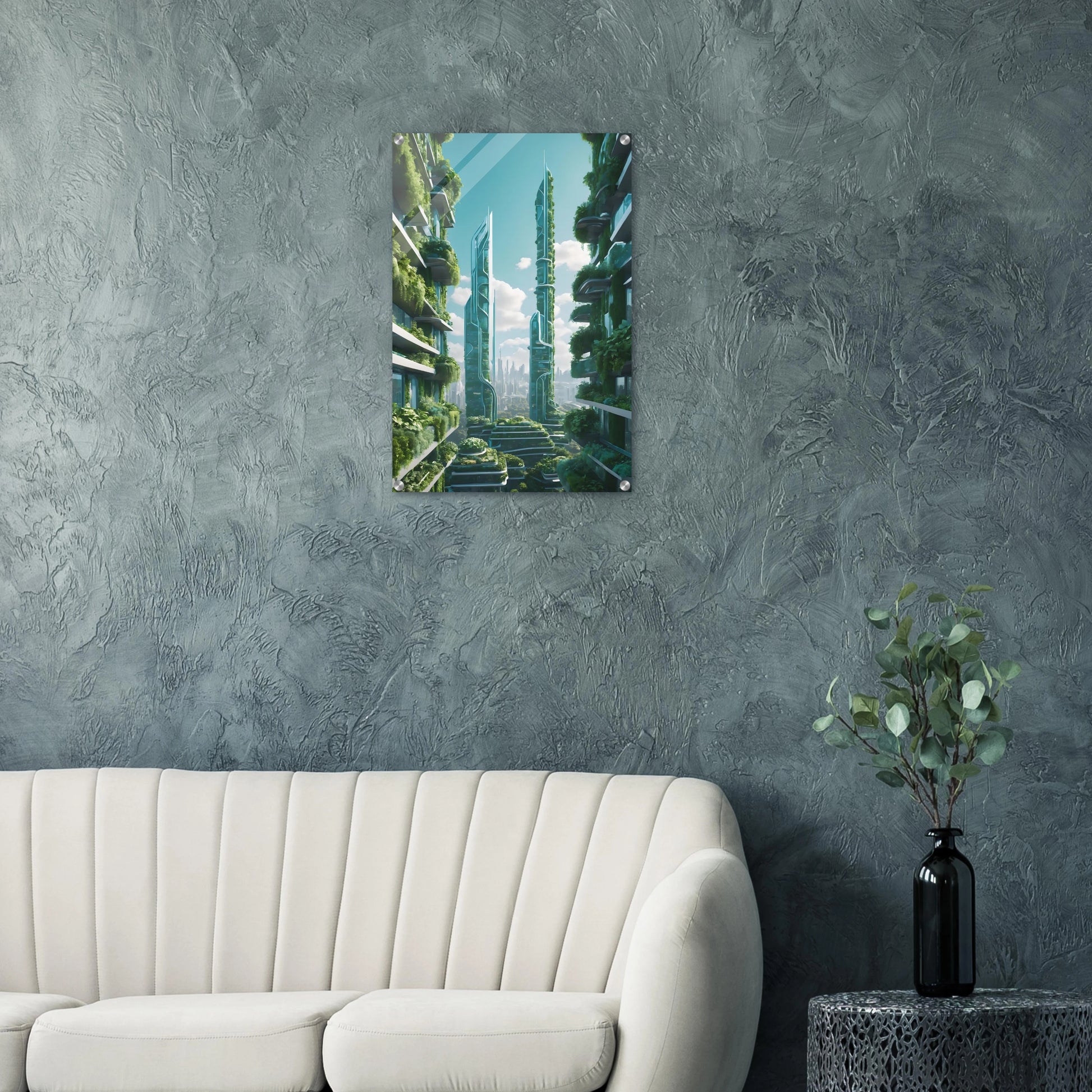 Digitales Kunstwerk einer futuristischen Stadt mit extrem hohen, schlanken Wolkenkratzern, die über und über mit grünen Pflanzen bewachsen sind. 50x75 cm. Acryl