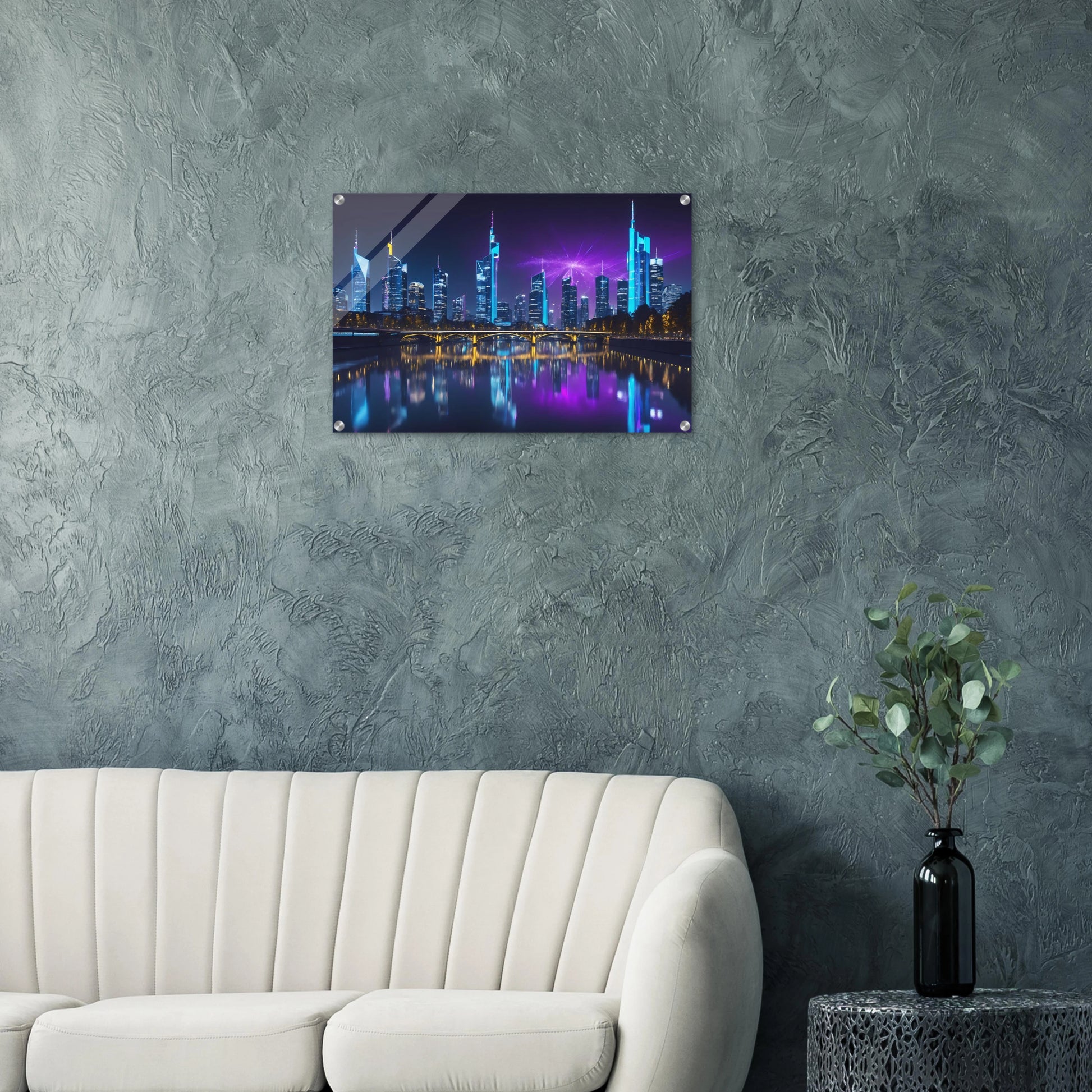 Modernes Wandbild der Frankfurter Skyline bei Nacht mit beleuchteten Wolkenkratzern und violetten Lichteffekten am Himmel. 50x75 cm. Acryl