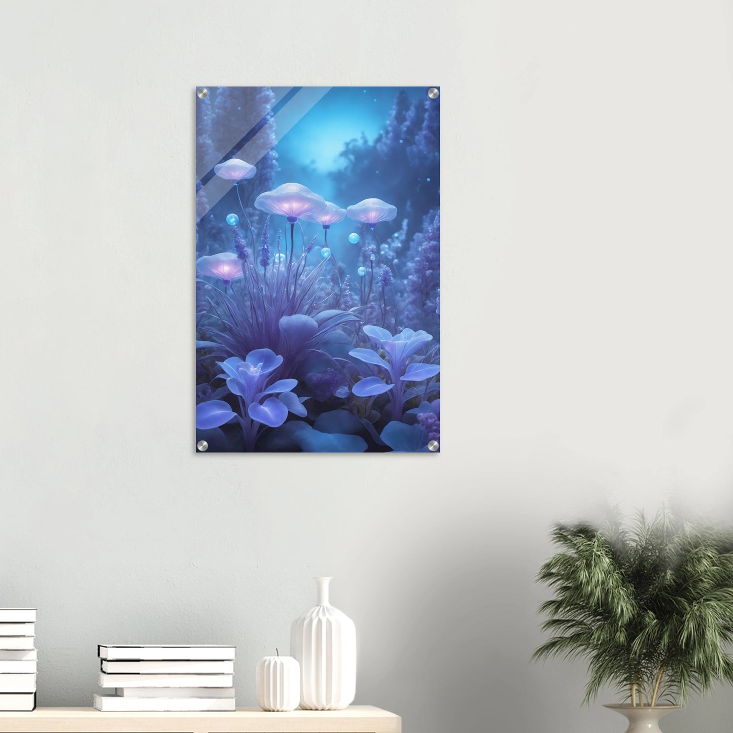 Digitales Kunstwerk einer fantastischen Waldlandschaft mit biolumineszenten, blau leuchtenden Pilzen und Blumen in sanftem Licht. 50x75 cm. Acryl