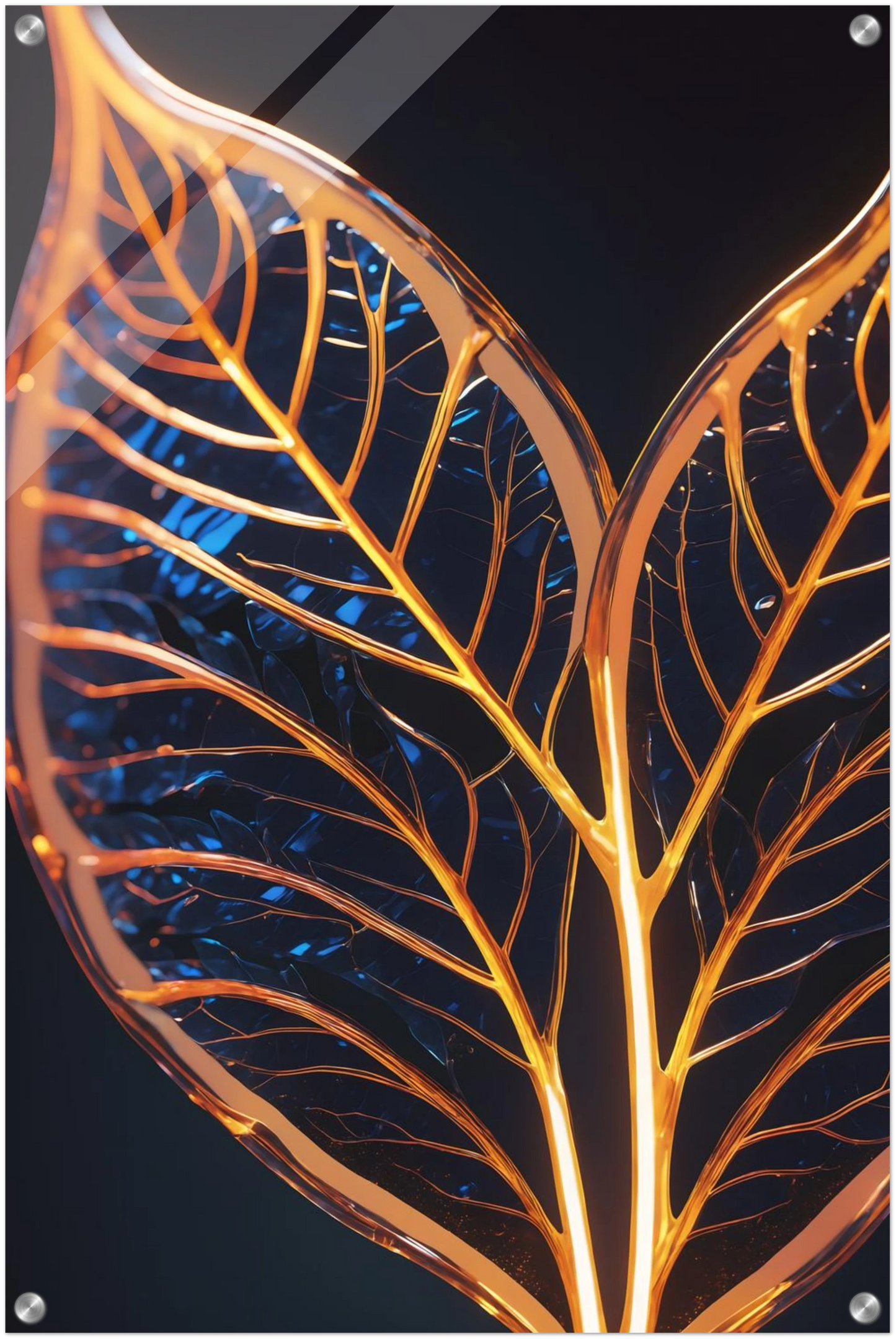 Modernes Wandbild mit zwei goldenen, gläsernen Blättern in Makroaufnahme auf dunklem Hintergrund, Format 50x75 cm. Acryl