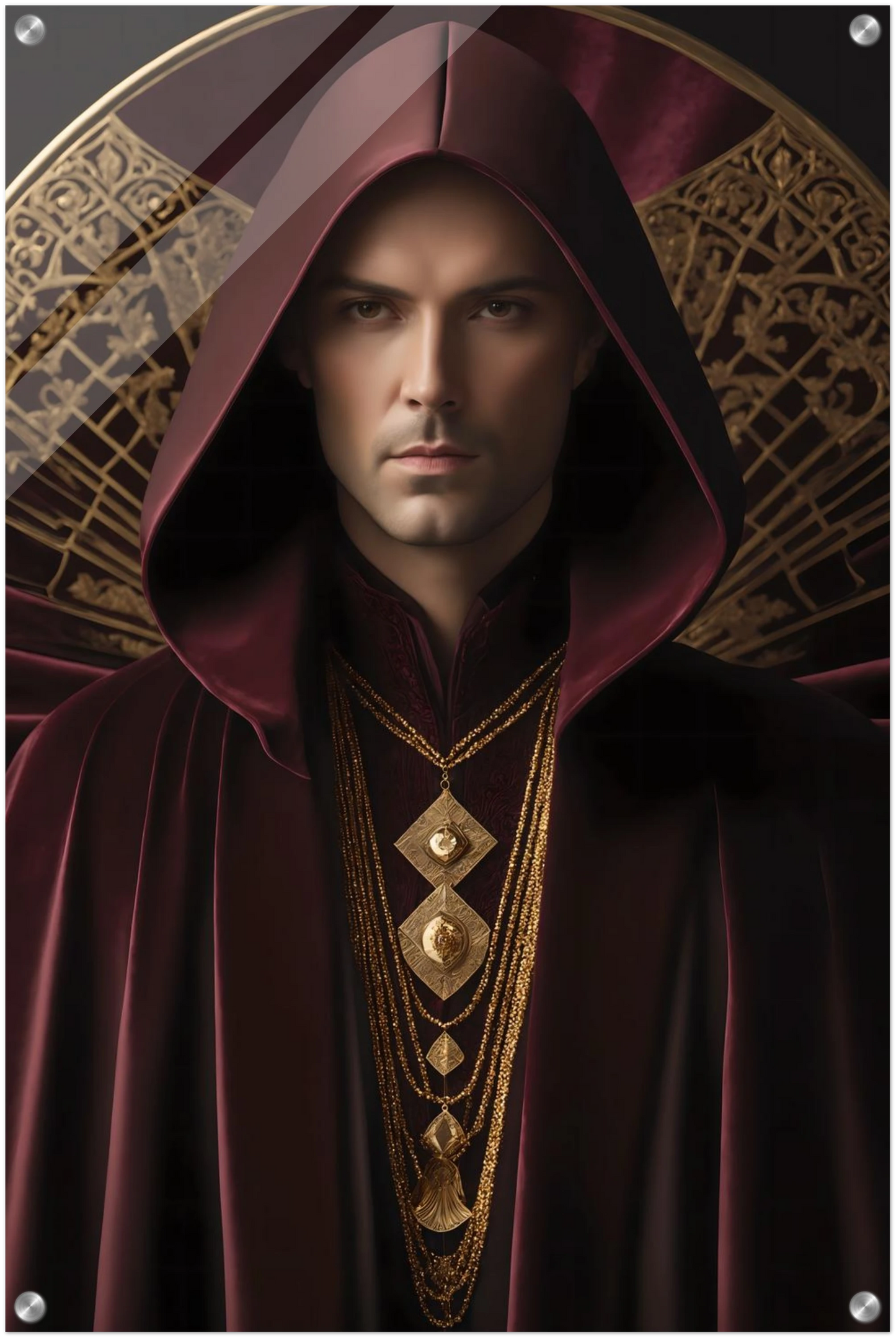 Digitales Kunstwerk einer männlichen Gestalt mit purpurner Kapuze, goldenen Ketten und kunstvollem Hintergrund. 50x75 cm. Acryl