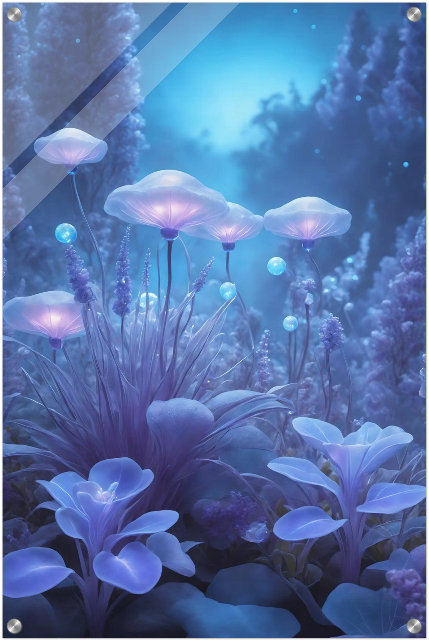 Digitales Kunstwerk einer fantastischen Waldlandschaft mit biolumineszenten, blau leuchtenden Pilzen und Blumen in sanftem Licht. 50x75 cm. Acryl