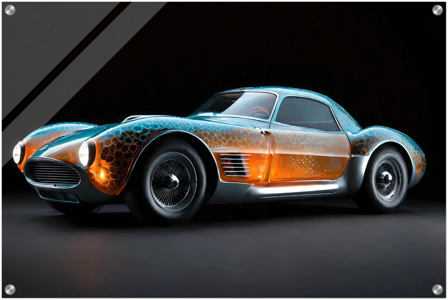 Digitales Kunstwerk eines klassischen Sportwagens mit einer transparenten, bernsteinfarbenen Karosserie und blauen Lichtreflexen. 50x75 cm. Acryl