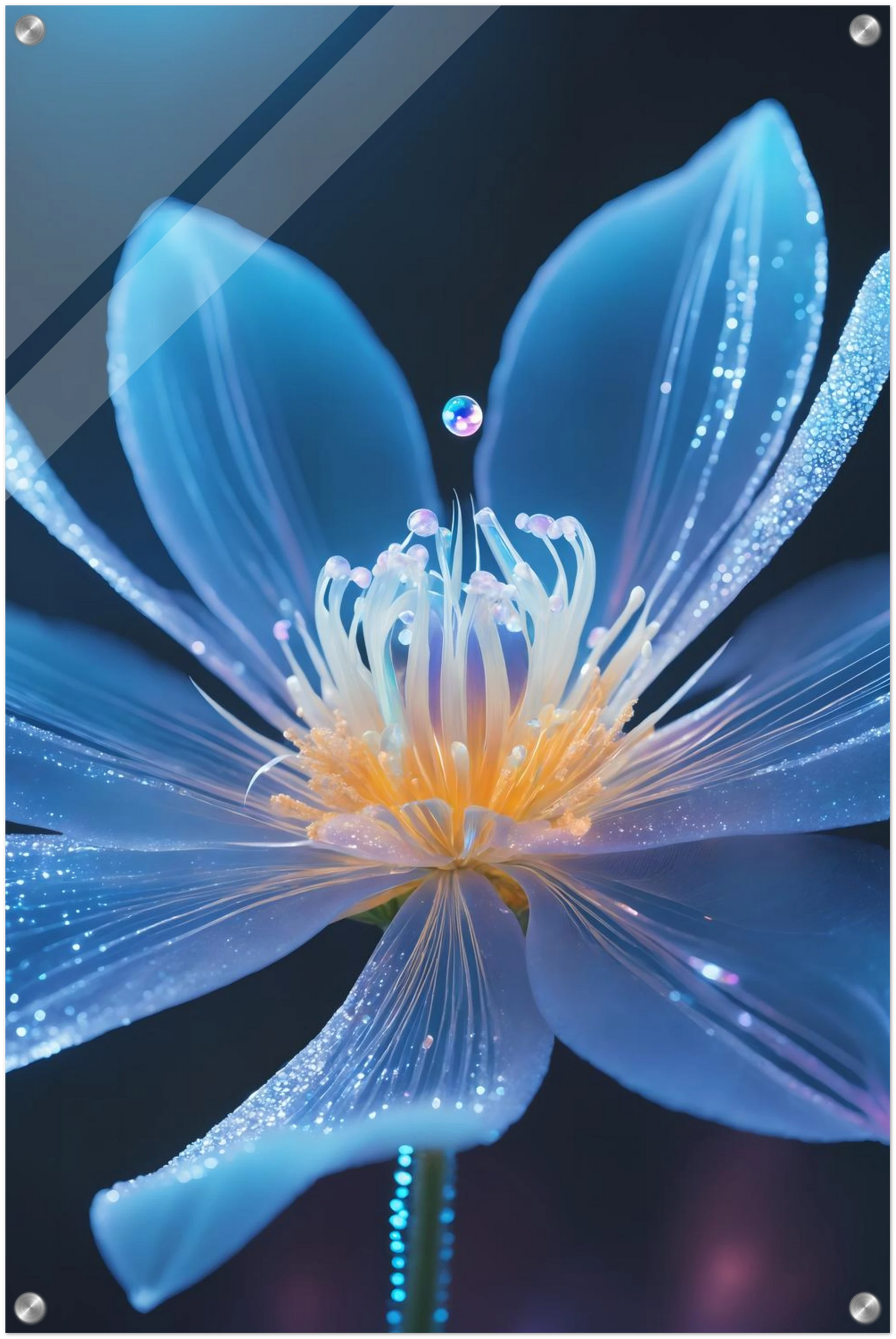 Digitales Wandbild einer blau leuchtenden Blüte mit goldenem Kern und schimmernden Lichtpartikeln auf dunklem Grund. 50x75 cm. Acryl