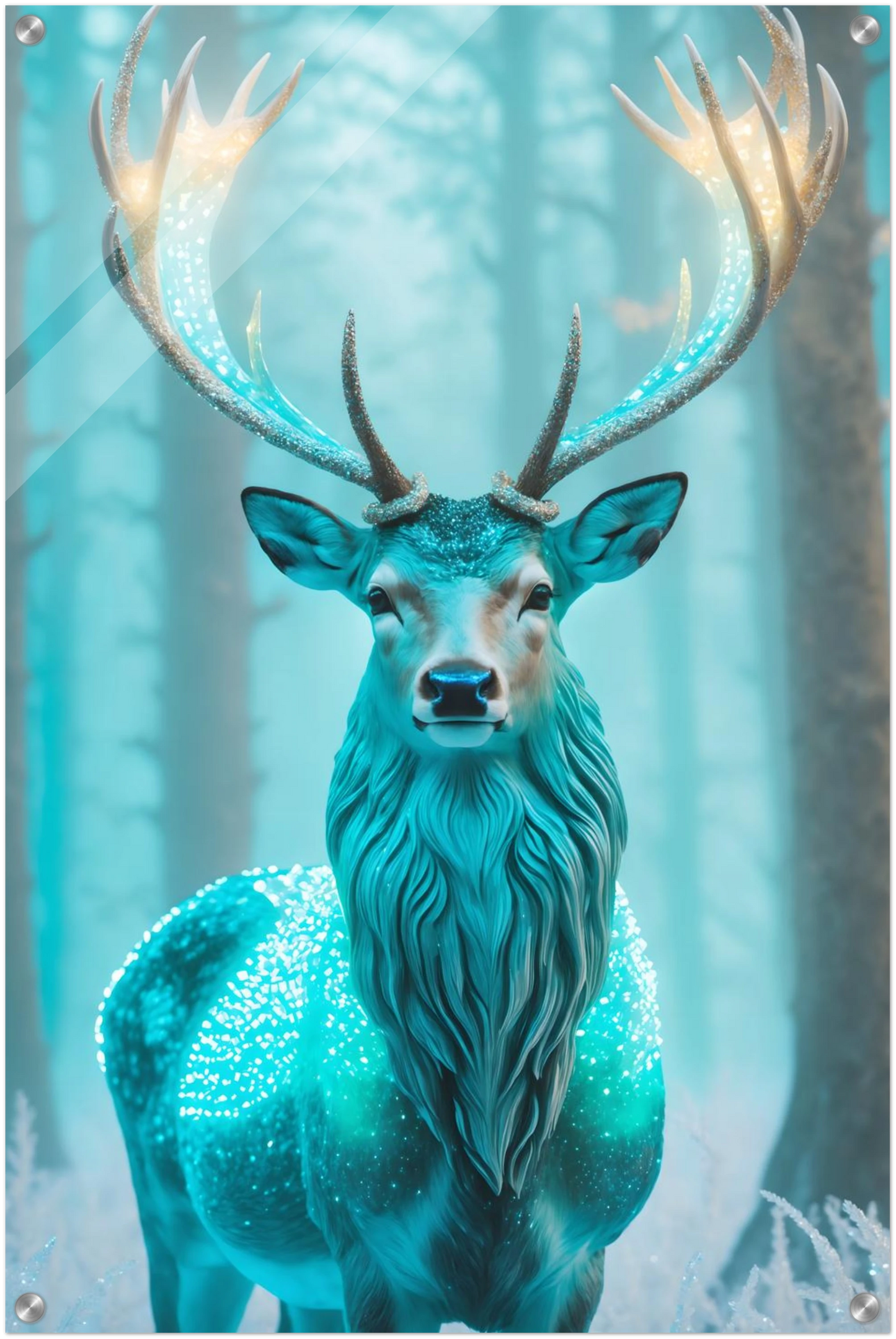 Digitales Kunstwerk eines Hirsches mit einem hell leuchtenden, kristallinen Geweih in einem nebligen blauen Winterwald. 50x75 cm. Acryl