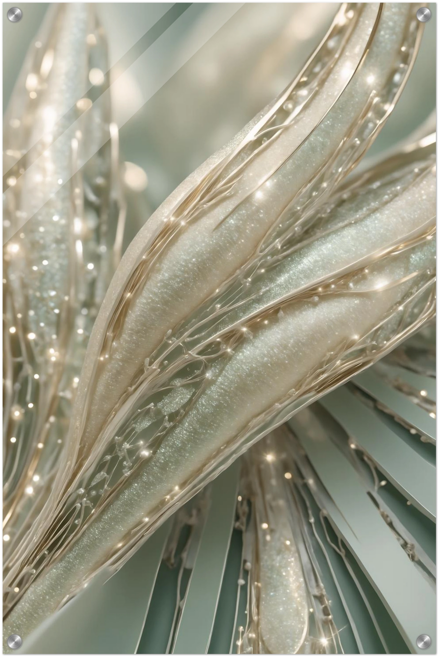 Abstraktes Kunstwerk mit organischen, cremefarbenen Strukturen, glitzernden Kristalldetails und weißen Perlen. 50x75 cm. Acryl